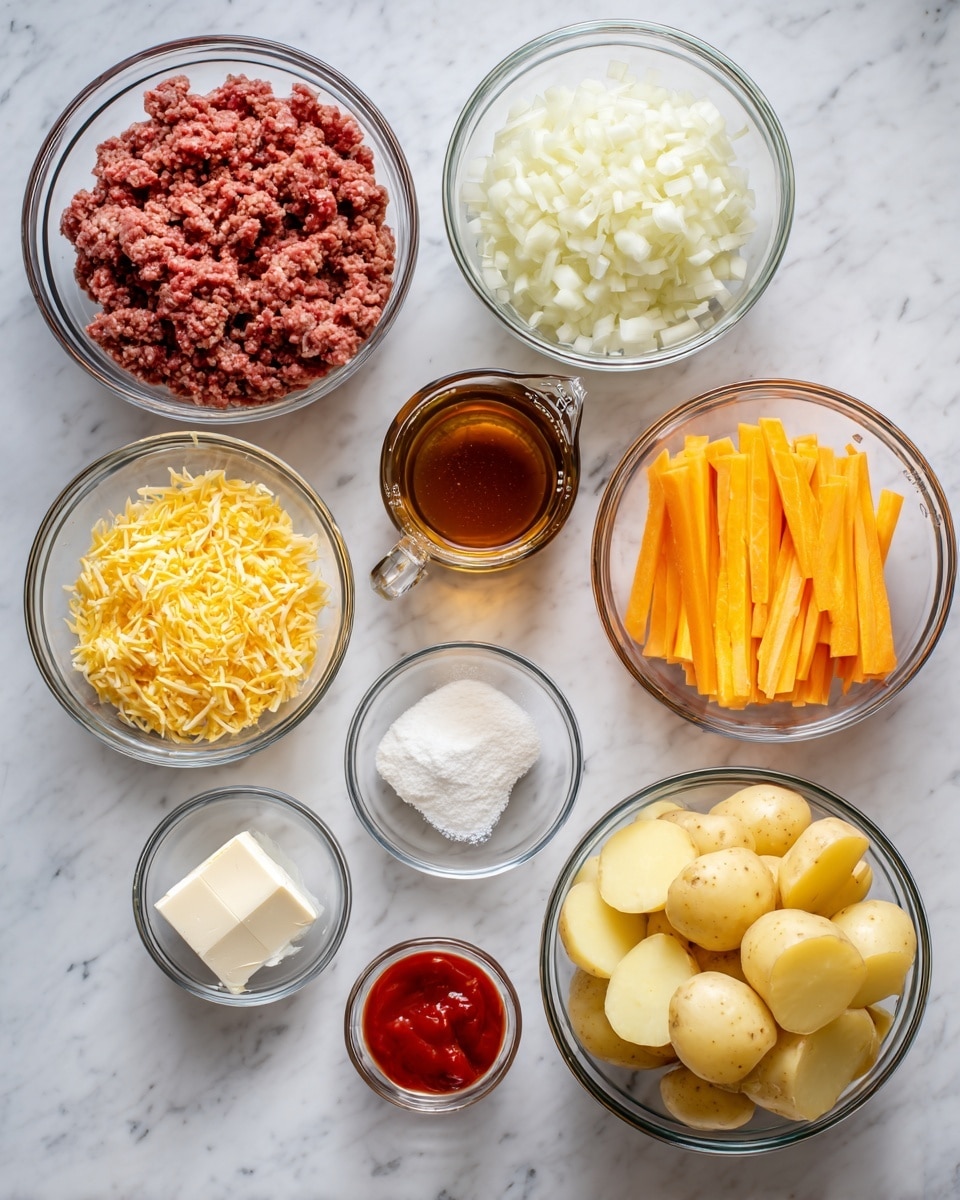 The image shows several clear glass bowls arranged on a white marbled surface, each containing different ingredients. In the top left, there is a bowl filled with raw ground meat, next to a bowl of finely chopped white onions. To the right, another bowl holds thick carrot sticks. At the bottom left, there is a bowl of shredded yellow cheddar cheese. In the center, a small glass measuring cup contains brown liquid, flanked by three small bowls below: one with a white cube of butter, one with white flour, and one with a red sauce. On the bottom right, a large bowl is filled with peeled and chopped potatoes. photo taken with an iphone --ar 4:5 --v 7