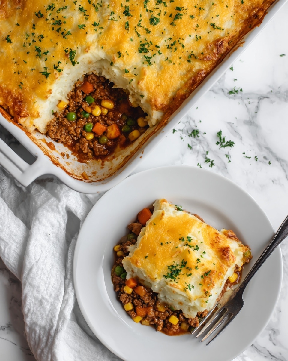 This image shows a white baking dish with a layered casserole inside. The bottom layer is a mix of ground meat, corn, diced carrots, and peas in a brown sauce, visible from a taken-out square. On top of this is a thick, creamy layer of mashed potatoes with a golden-yellow melted cheese crust sprinkled with chopped green herbs, likely parsley. A white plate beside the dish holds a portion of the casserole showing all three layers clearly. The whole setup is on a white marbled surface. photo taken with an iphone --ar 4:5 --v 7