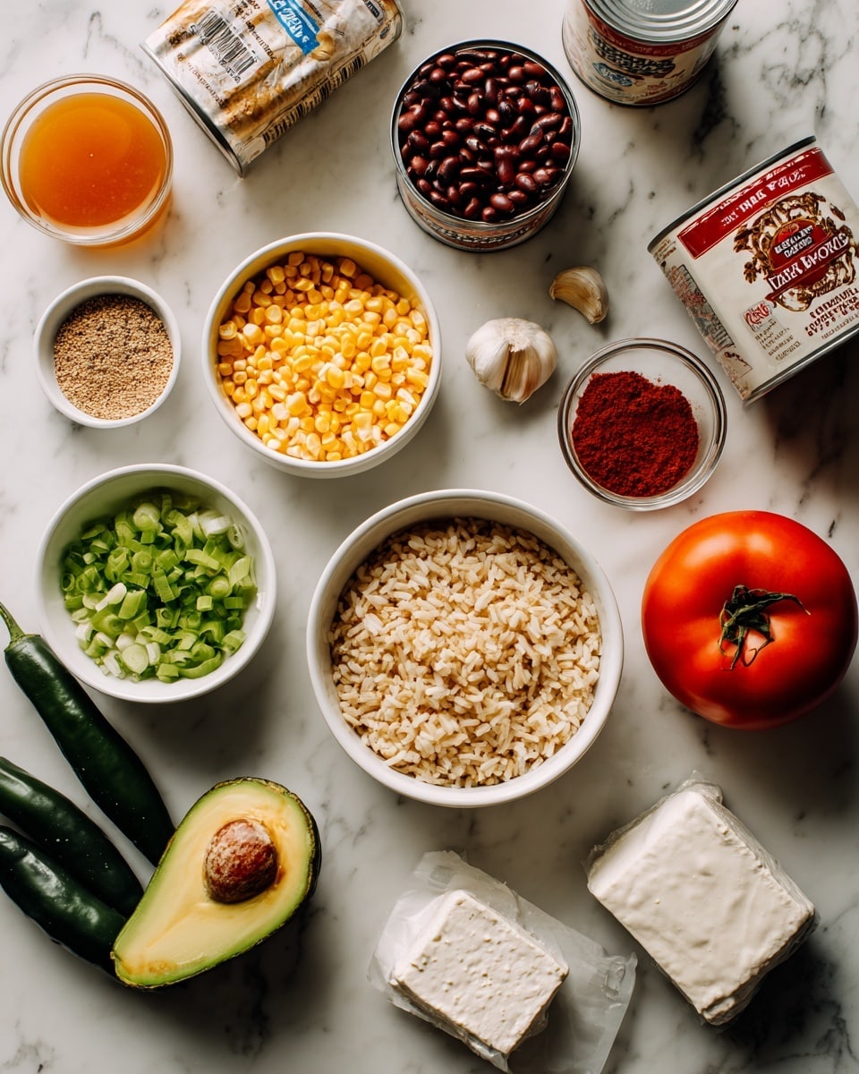 The image shows a clean white marbled surface with various ingredients neatly arranged. At the center is a white bowl filled with cooked brown rice. Surrounding it are small white bowls holding yellow corn, chopped green onions, and a light brown sauce. There is a halved avocado showing its green flesh and pit next to a ripe red tomato. Nearby are two dark green poblano peppers, a small white bowl with brown cumin seeds, and a clove of garlic. Two cans, one of coconut milk and one of red beans, are placed near a clear white bowl with orange liquid. A package of tofu and a small bowl of red chili powder complete the setup. The scene is bright and tidy, photo taken with an iphone --ar 4:5 --v 7