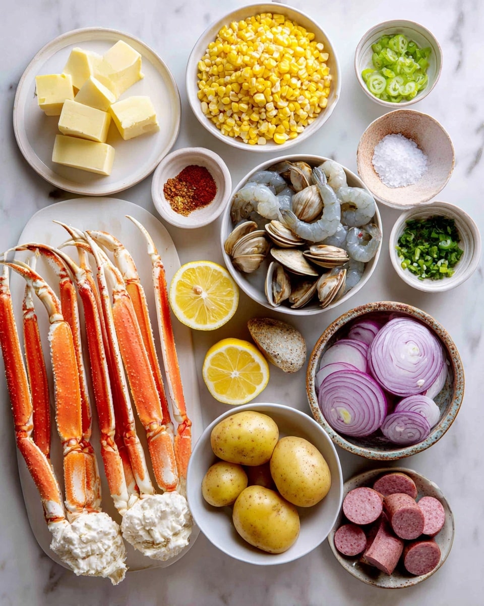 The image shows a neatly arranged collection of ingredients on a white marbled surface: a white plate at the bottom left holds large orange and white crab legs with spiky texture; above it, a small bowl has light cream butter cubes; a pile of bright yellow corn pieces sits on a white plate at the top center; raw shrimp with a translucent gray shell rest in a white bowl near the right center; next to it, clams with beige and brown shells fill another white bowl; sliced bright yellow lemons fill a white bowl at the bottom center; a white bowl holds halved small yellow potatoes to the right; red sausage slices are in another white bowl at the bottom right; halved green chili peppers appear in a small white bowl beside salt crystals in a rustic bowl; at the top right, a white plate contains red onions cut in half with visible layers; a halved garlic bulb shows white cloves at the far right; small bowls of red spices and liquids, chopped green herbs, and clear liquids complete the setup, all on the white marbled background photo taken with an iphone --ar 4:5 --v 7
