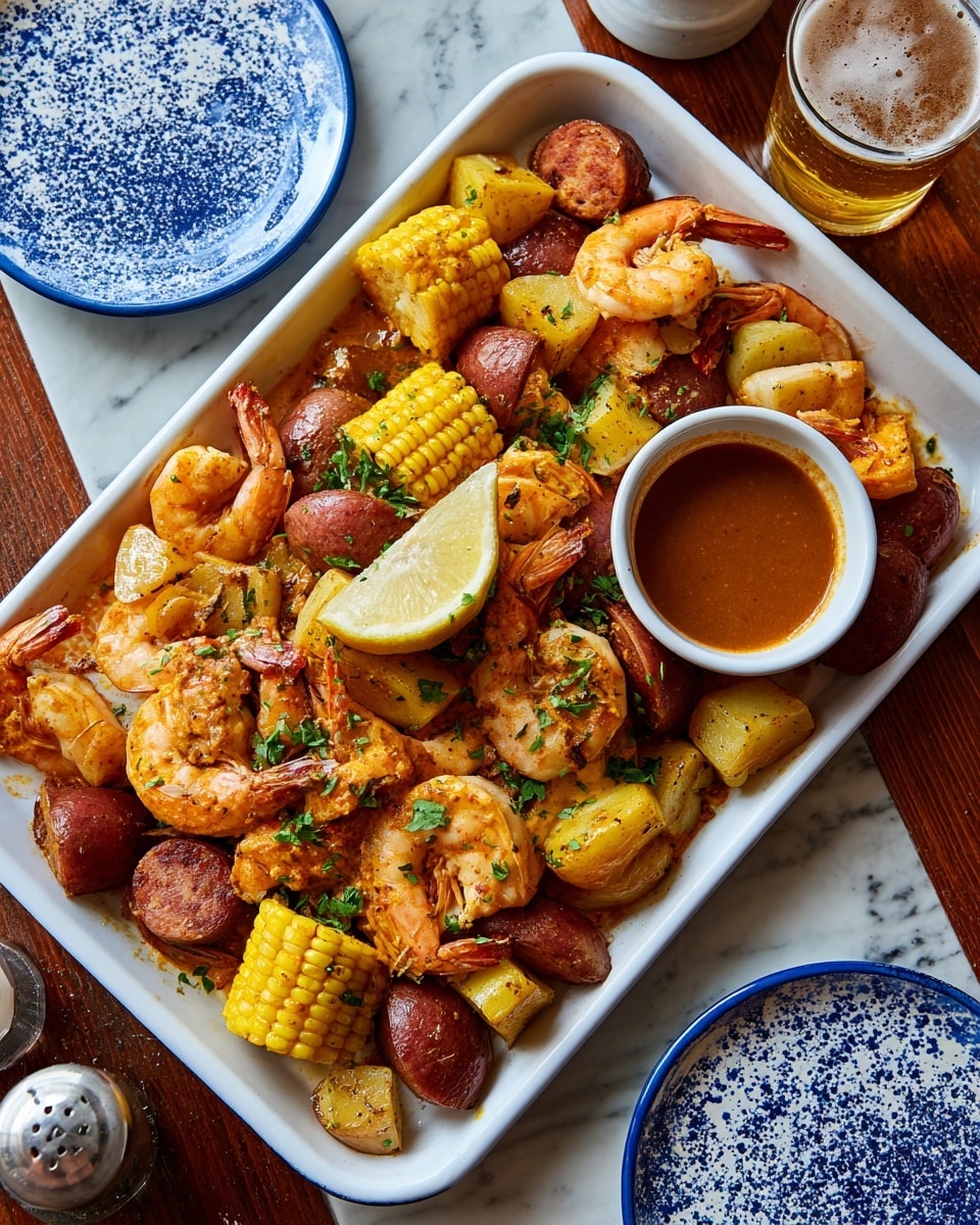 A large white rectangular tray filled with layers of cooked shrimp in light orange color, bright yellow corn on the cob pieces, reddish boiled potatoes, and browned sausage pieces mixed together with small green herb leaves sprinkled on top. Lemon wedges with pale yellow flesh are scattered throughout the tray, adding brightness. A small white round bowl with a rich brown sauce sits on the side within the tray. The tray is placed on a wooden table with a white marbled texture visible partially. Around the tray are two blue and white speckled plates, a glass of light beer, and salt and pepper shakers. Photo taken with an iphone --ar 4:5 --v 7