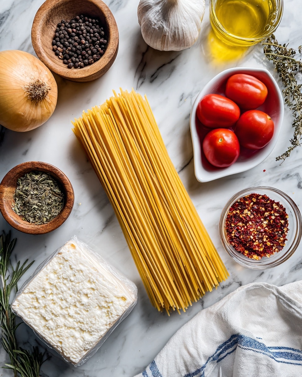 The image shows several ingredients placed on a white marbled surface. In the center, there is a bundle of dry, yellow spaghetti pasta laid out straight. To the left of the pasta, from top to bottom, there is a whole yellow onion, a small wooden bowl filled with black peppercorns, a whole garlic bulb, a small wooden bowl with dried green herbs, and a small clear glass bowl containing golden olive oil. To the right of the pasta, from top to bottom, there is a white bowl shaped like a drop holding three peeled red tomatoes, a rectangular package of goat's milk cheese wrapped in white and blue paper, a small clear glass bowl with red chili flakes, and a small wooden bowl filled with white coarse salt. In the bottom right corner, part of a white cloth with blue stripes is visible. Some herbs and red flakes are scattered around the ingredients, adding texture and color. Photo taken with an iphone --ar 4:5 --v 7