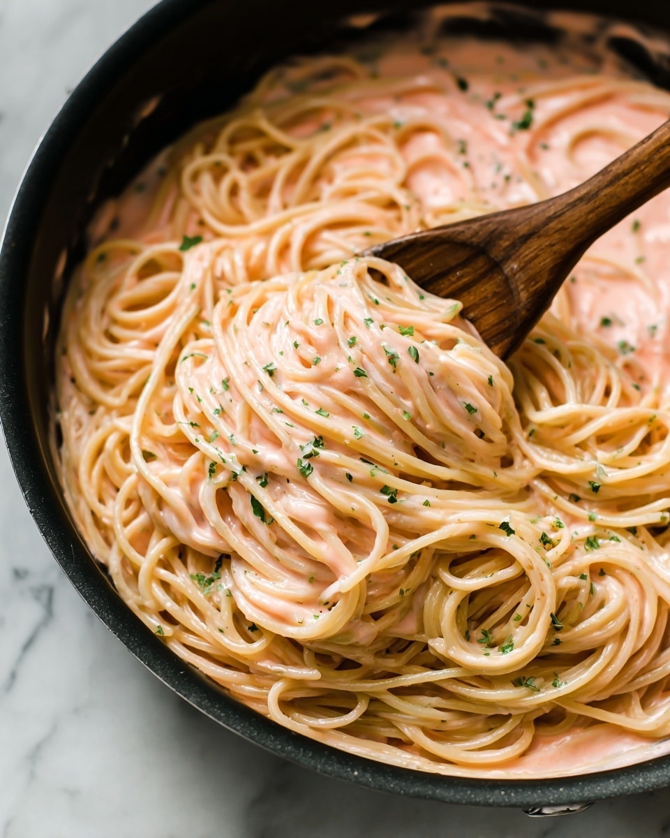 A close-up view of creamy pasta in a black pan, covered in a smooth pink sauce with small green herb specks sprinkled on top. The pasta strands are long and thick, showing a soft texture, while a wooden spoon lifts some noodles, stirring the sauce. The sauce coats the pasta well, and the small herbs add color contrast on the surface. The background is a white marbled texture. Photo taken with an iphone --ar 4:5 --v 7