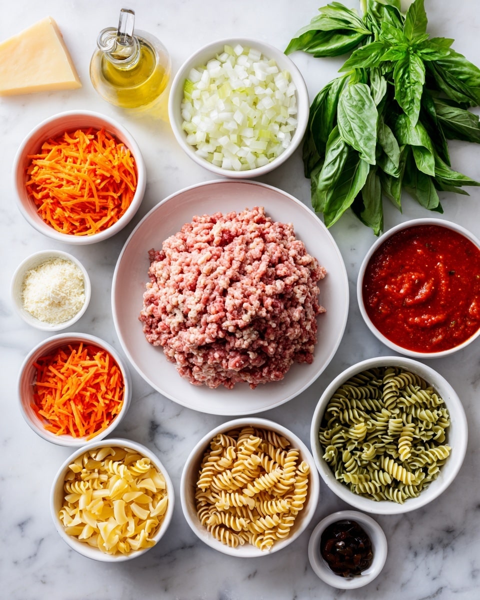 The image shows many white bowls and a white plate on a white marbled surface, each with different ingredients for cooking. In the center, the white plate holds a layered stack of raw ground meat with pink and beige colors and a smooth texture. Around it, there are small white bowls with chopped onions, minced garlic, shredded orange carrots, finely chopped green cabbage, bright red tomato sauce, golden spiral pasta, and small yellow cubes of cheese. There is also a piece of pale yellow cheese and a small jar of olive oil near the top. A woman’s hand is holding a bunch of fresh green basil leaves to the right side of the scene. Everything looks clean and ready for cooking, photo taken with an iphone --ar 4:5 --v 7