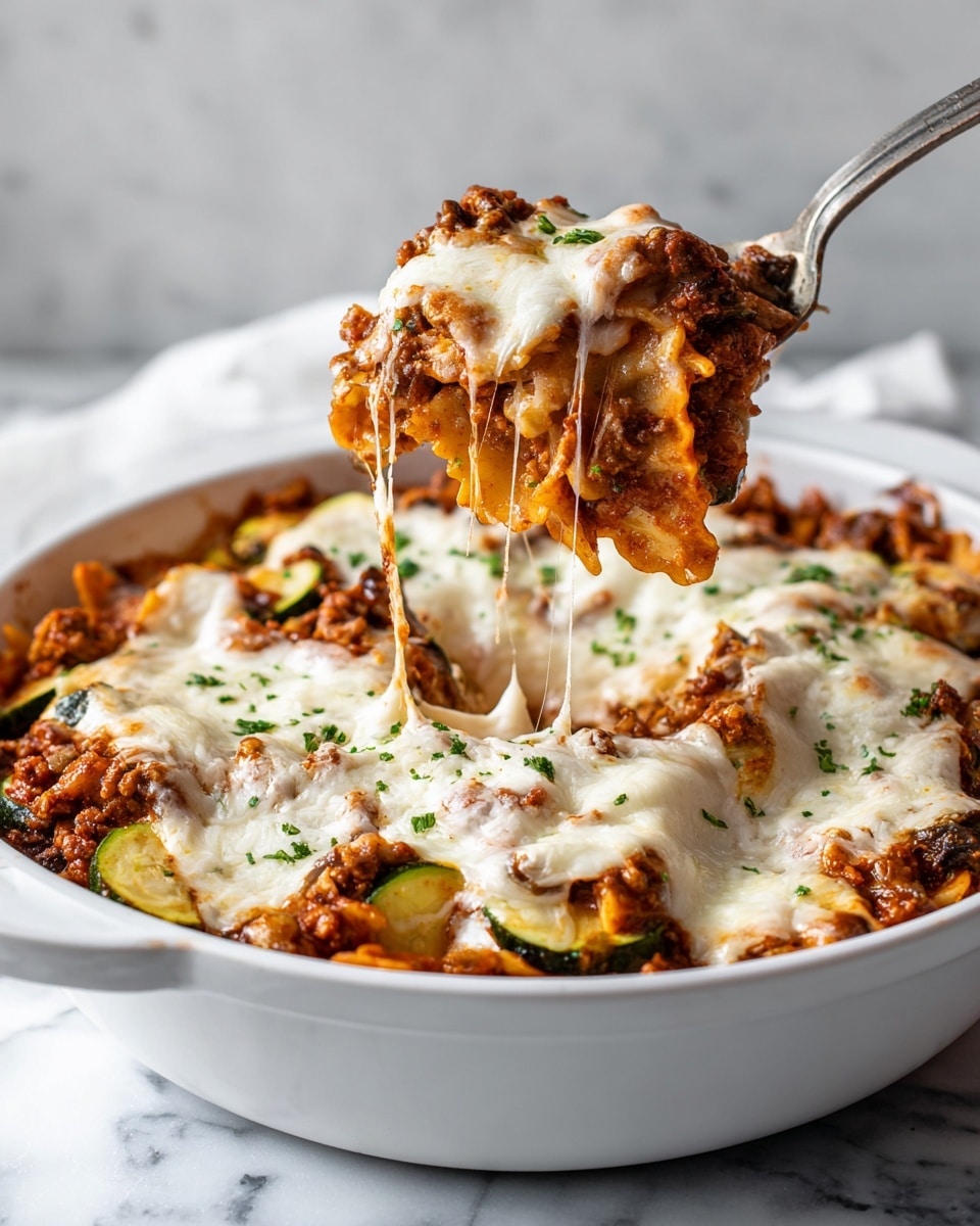 A white pan filled with baked pasta layered with a thick tomato sauce mixed with ground meat and slices of mushrooms and zucchini, topped with a thick layer of melted white cheese that is slightly browned in spots, garnished with small green herb pieces scattered over the top; a silver spoon is scooping a portion from the bottom left, lifting some pasta with sauce and cheese showing a stretchy melted texture; all set on a white marbled surface photo taken with an iphone --ar 4:5 --v 7
