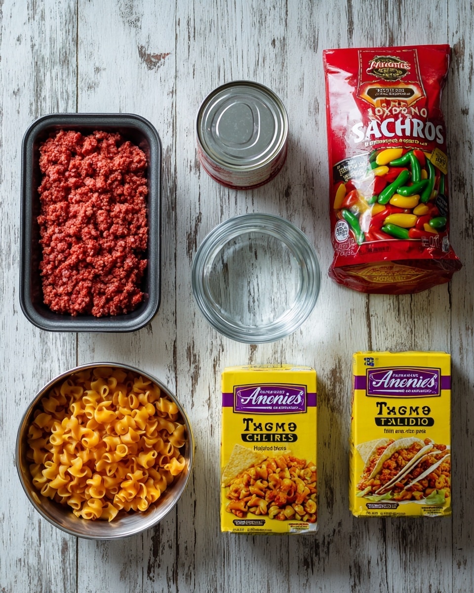 The image shows five cooking ingredients arranged on a wooden surface with a white marbled texture. From left to right, there is a small black tray with bright red ground meat that has a wavy texture on top, a silver can of diced tomatoes and green chilies with a colorful label featuring red, yellow, green, and white, a small clear glass bowl with water inside, two yellow and purple boxes of Annie's Real Aged Cheddar pasta with pictures of orange shell-shaped macaroni and cheese on the front, and a red package of McCormick Original Taco seasoning with an image of tacos on the label. photo taken with an iphone --ar 4:5 --v 7