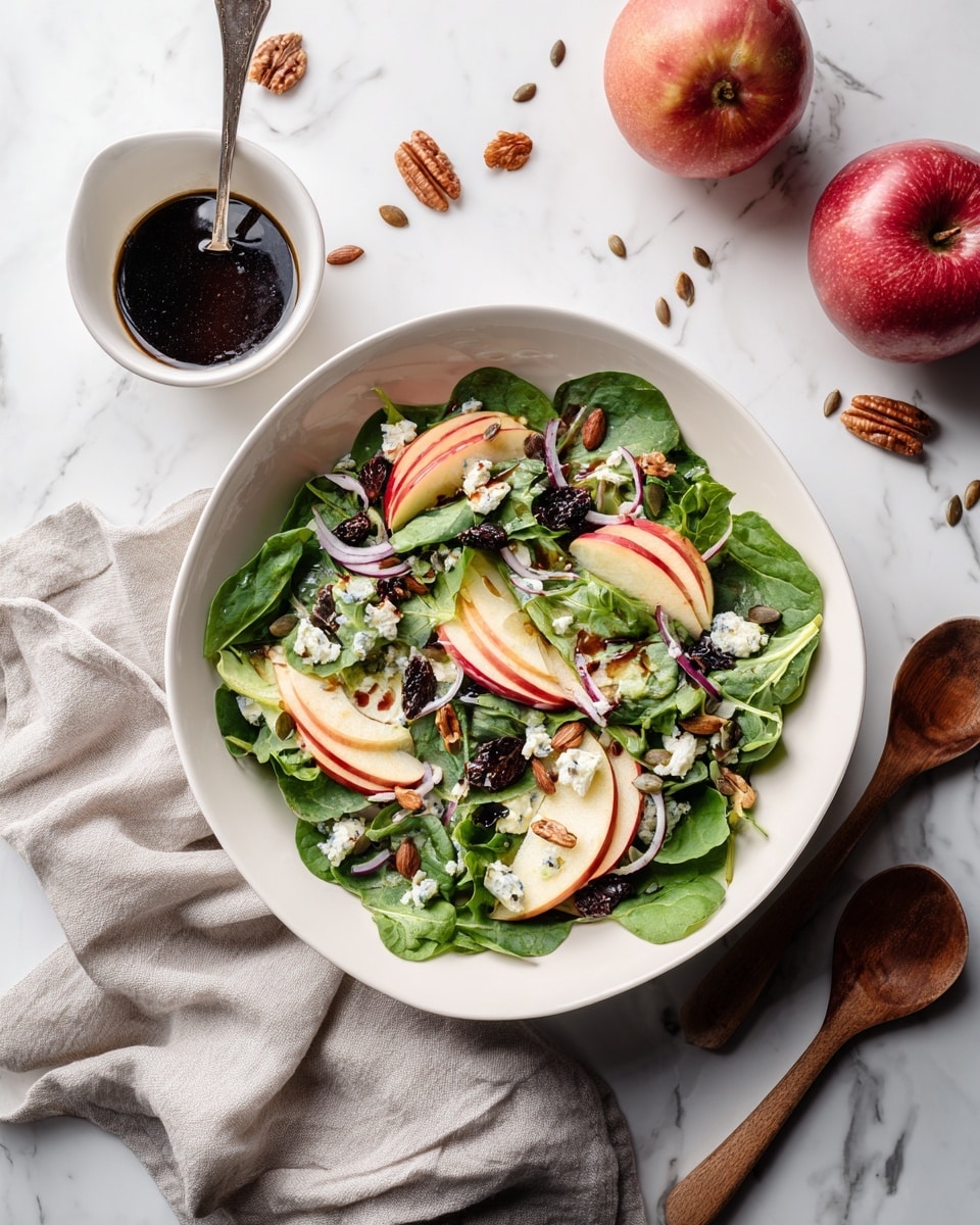 A white bowl sits on a white marbled surface draped with a light gray cloth and holds a fresh layered salad. The bottom layer is a mix of bright green spinach and arugula leaves. On top, there are thinly sliced red apple wedges with their red skin and pale flesh, scattered purple onion slices, and small dark dried berries. White dollops of soft cheese are spread throughout, with small chopped brown nuts and pumpkin seeds adding texture. A dark balsamic dressing is drizzled on the top. Nearby, a white bowl filled with more dark dressing has a spoon in it, and two whole red apples and wooden salad serving pieces rest on the white marbled background. Photo taken with an iphone --ar 4:5 --v 7