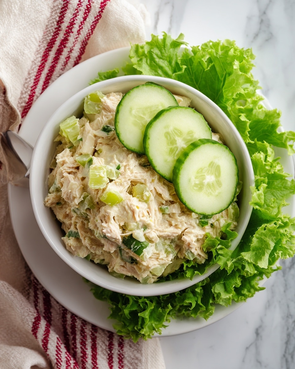 A white bowl filled with a mixed salad made of shredded light beige tuna and light green chopped celery, showing a soft, creamy texture throughout. On top, three slices of cucumber with dark green edges and pale green centers are arranged in the middle. The bowl sits on a white plate with green curly lettuce leaves peeking around the edges. The setting features a white marbled surface with a cream cloth and a red-striped cloth underneath the plate. photo taken with an iphone --ar 4:5 --v 7