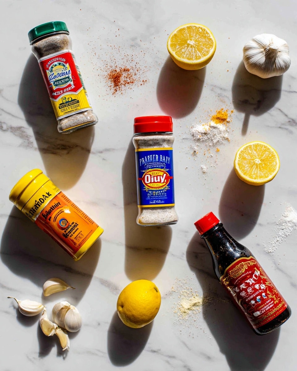 The image shows a white marble surface with six seasoning containers arranged in two rows; the top row has a red and green container of French seasoning, a yellow and blue Old Bay seasoning box, and a red and white Cajun seasoning container. The bottom row includes an orange Kirkland container of smoked paprika, a yellow lemon pepper shaker, and a dark bottle of Worcestershire sauce next to a red Crystal hot sauce bottle. Around the seasonings, there are scattered lemon wedges and two white garlic bulbs. The lighting is bright and clear, highlighting the various textures and colors of the seasonings and produce, photo taken with an iphone --ar 4:5 --v 7