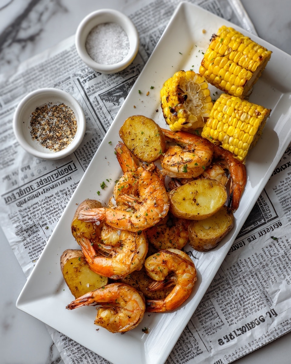 A rectangular white plate holds a pile of cooked shrimp with shells on, showing a bright orange and pink color with some grilled marks. Around and under the shrimp, there are several grilled potato halves with a golden brown texture. Two pieces of grilled corn on the cob sit on top and around the shrimp, showing char marks and a bright yellow color. In the background, there are two small white bowls, one with a pinch of salt and the other with pepper. The plate is on a surface with white marbled texture covered partially by newspaper. photo taken with an iphone --ar 4:5 --v 7