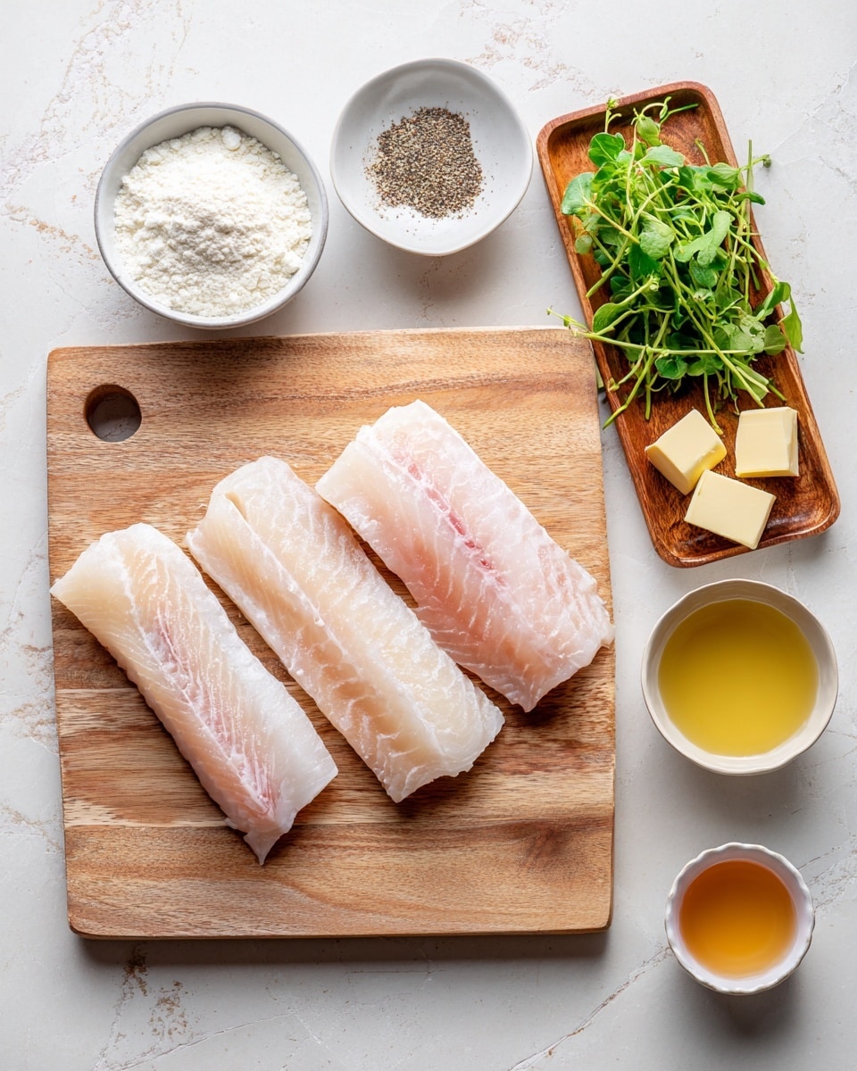 Four raw fish fillets with light pink and white color lie flat side by side on a wooden cutting board that has a smooth wood grain texture and a small round hole near the top center. To the left of the board are four small white bowls, each holding a different ingredient: white flour with a powdery texture in the top bowl, coarse black pepper in the second bowl below, white salt in a slightly smaller bowl under that, and two small pieces of pale yellow butter in the bottom bowl. On the right side of the board is a small rectangular wooden tray holding fresh green herbs with leafy and thin sprigs. Below the wooden tray are two small round white bowls—one pale amber liquid and one translucent light yellow liquid. All items are arranged neatly on a white marbled surface with soft grey veining. Photo taken with an iphone --ar 4:5 --v 7