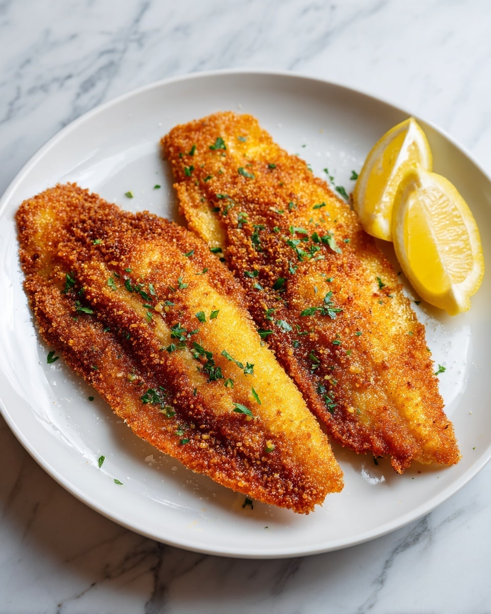The image shows two golden brown fried fish fillets with a crispy texture, lying flat on a round white plate. The fillets have small green parsley bits sprinkled on top, adding a touch of color. On the right side of the plate, there are two lemon wedges with bright yellow skin and light yellow flesh. The plate is set on a white marbled surface. photo taken with an iphone --ar 4:5 --v 7
