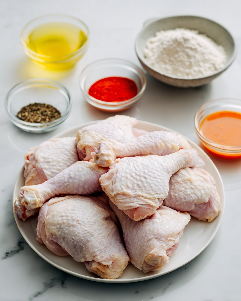 A white plate filled with raw chicken drumsticks stacked on top of each other showing pale pink skin with some texture. Around the plate are small clear glass bowls containing black pepper, red paprika powder, and coarse salt. Nearby, a gray ceramic bowl holds a heap of white flour. Two clear glass measuring cups sit close by, one filled with pale yellow cooking oil and the other with white buttermilk. Another small glass bowl contains orange hot sauce. All items are placed on a white marbled surface. photo taken with an iphone --ar 4:5 --v 7