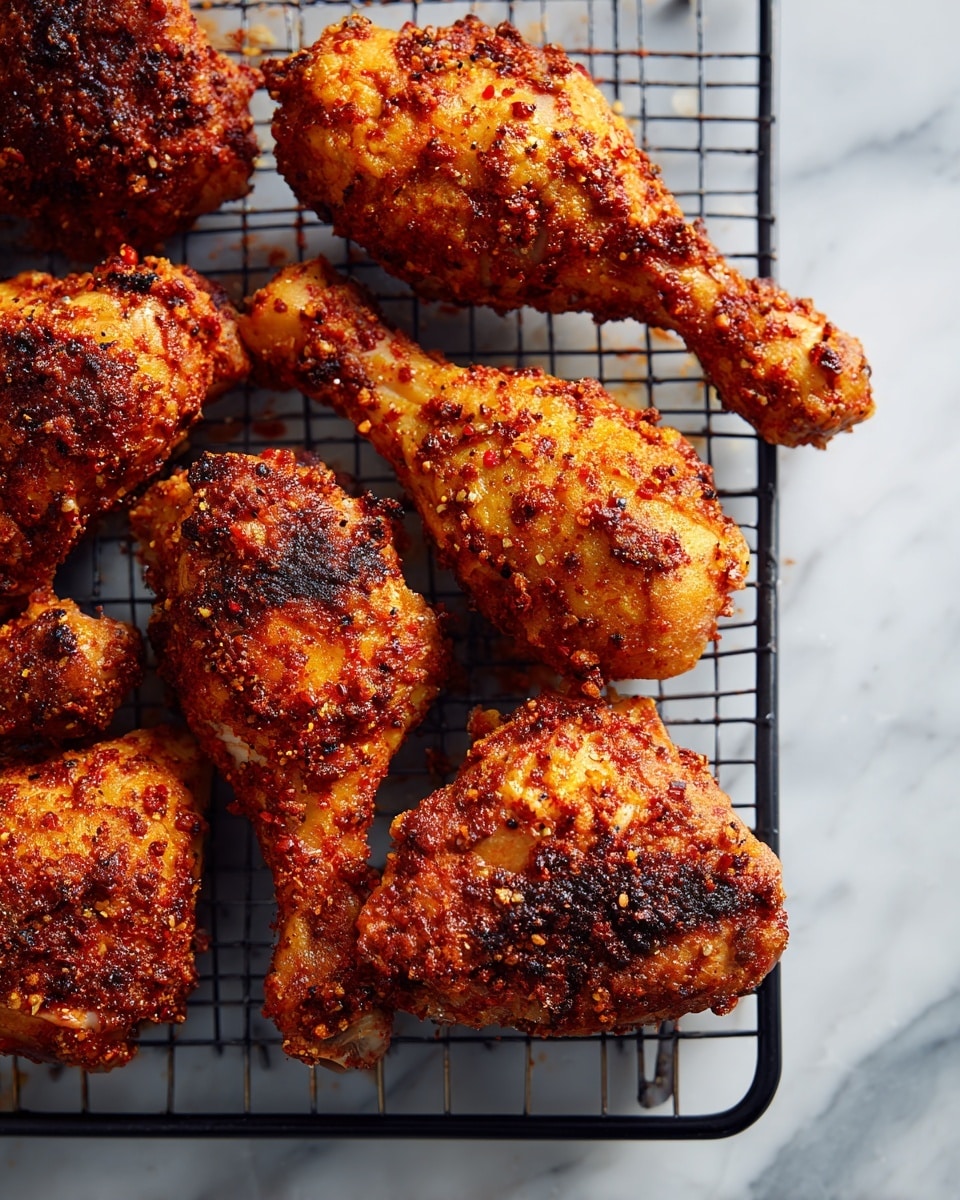 The image shows several crispy fried chicken drumsticks placed on a black wire cooling rack over a baking sheet. Each drumstick has a crunchy, reddish-brown textured coating with visible spices that create a rough surface. The drumsticks are arranged closely together, showing a golden, slightly charred crust that highlights the spiced outer layer. The background underneath the rack is a white marbled texture. photo taken with an iphone --ar 4:5 --v 7