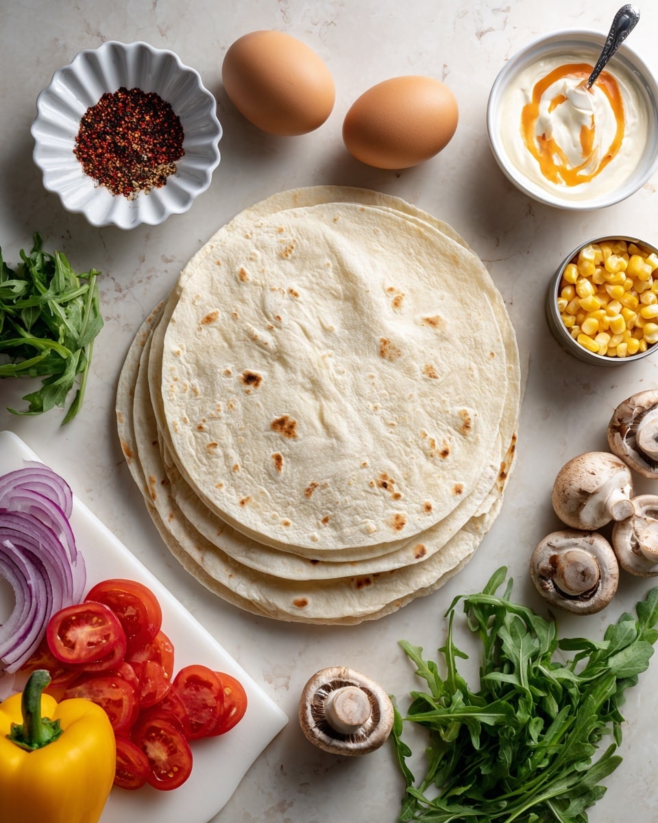 The image shows a flat white marbled surface with four soft, pale tortillas placed stacked and slightly fanned out in the center. Around the tortillas, various fresh ingredients are spread: to the left, a white scalloped dish holds ground spices with red and black colors; three brown eggs are above the tortillas. Near the top right, a small white bowl contains a creamy sauce with orange-red sauce drizzled on top and a small spoon resting inside. Next to it, a small opened can of yellow corn kernels sits beside fresh green arugula leaves. To the right of the tortillas, an uncut dark green cucumber and several whole light brown mushrooms are laid out. At the bottom left corner, a white chopping board displays sliced red and yellow cherry tomatoes along with thinly sliced red onions. A whole bright yellow bell pepper rests near the mushrooms and cucumber. The whole setup is on a clean white marbled textured surface with soft natural lighting. Photo taken with an iphone --ar 4:5 --v 7
