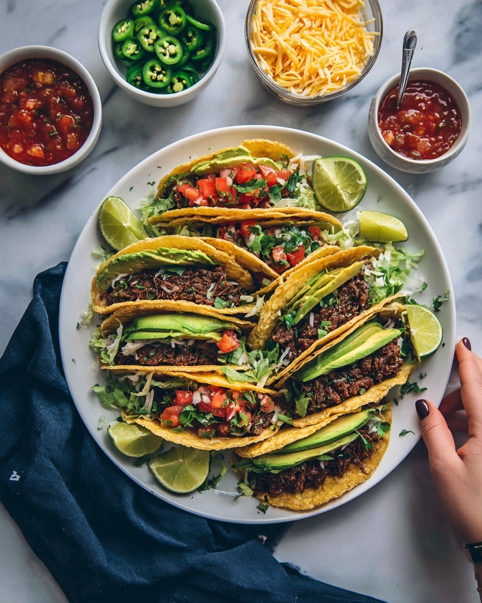The image shows six tacos arranged on a white plate, each filled with layers of various colorful ingredients. The bottom layer is a soft tortilla that is lightly toasted, topped with a dark brown cooked meat layer. Above the meat, there are bright green slices of avocado and fresh green lettuce. On top of these, there are chunks of red tomatoes mixed with small bits of onion and herbs. Around the plate, there are small bowls with red salsa, pale yellow shredded cheese, and green jalapeño slices. Several lime wedges are scattered on the plate and table. A white marbled surface holds the plate, and a woman's hand is seen near the upper right side, reaching toward the food. A dark blue cloth napkin is folded on the left side. Photo taken with an iphone --ar 4:5 --v 7