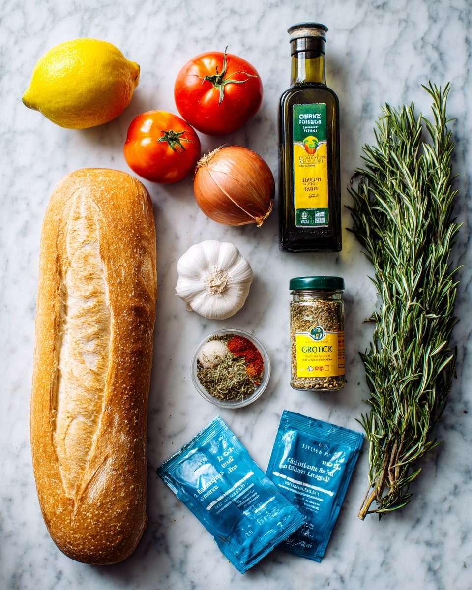 The image shows ingredients neatly arranged on a white marbled surface: a whole yellow lemon, a small dark red onion, two small red tomatoes with orange tones, a bulb of garlic, a bottle of dark green olive oil, a jar of mixed spices with green and yellow labels, two small blue and white packets of ingredients, a fresh green bunch of rosemary still in its plastic packaging, and a long golden brown loaf of bread with a single deep cut down the center. photo taken with an iphone --ar 4:5 --v 7