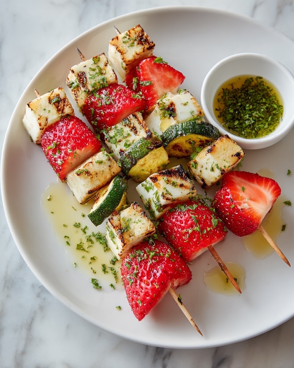 The image shows a white plate with three skewers laid out on a white marbled surface. Each skewer has alternating layers of bright red strawberries, white grilled cheese cubes with light brown grill marks, and green zucchini pieces with slightly charred edges. The skewer ingredients are sprinkled with finely chopped green herbs. To the right of the skewers, there is a small white bowl filled with a green sauce that looks like an herb dressing. A light drizzle of the sauce surrounds the skewers on the plate. Photo taken with an iphone --ar 4:5 --v 7