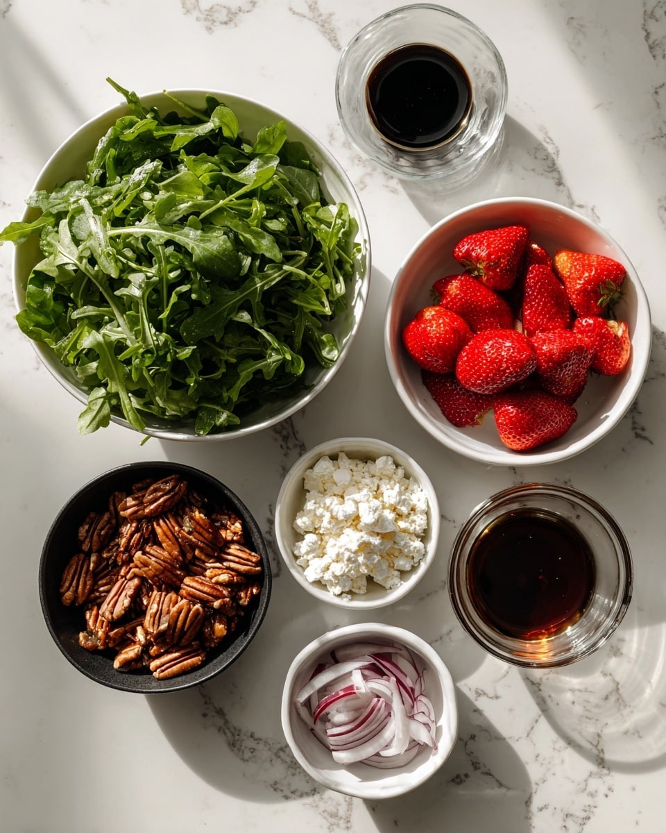 A bright spread of salad ingredients arranged on a white marbled surface includes six separate bowls: a large white bowl filled with fresh, dark green arugula leaves positioned on the left, a medium white bowl with whole bright red strawberries on the bottom right, a small white bowl of white crumbled cheese near the bottom center, a small clear glass bowl with thin purple onion slices near the top right, a small clear glass bowl with dark balsamic vinegar next to it, and a small black bowl filled with shiny brown pecans placed near the top left. The light is natural, highlighting the freshness of each ingredient. Photo taken with an iphone --ar 4:5 --v 7