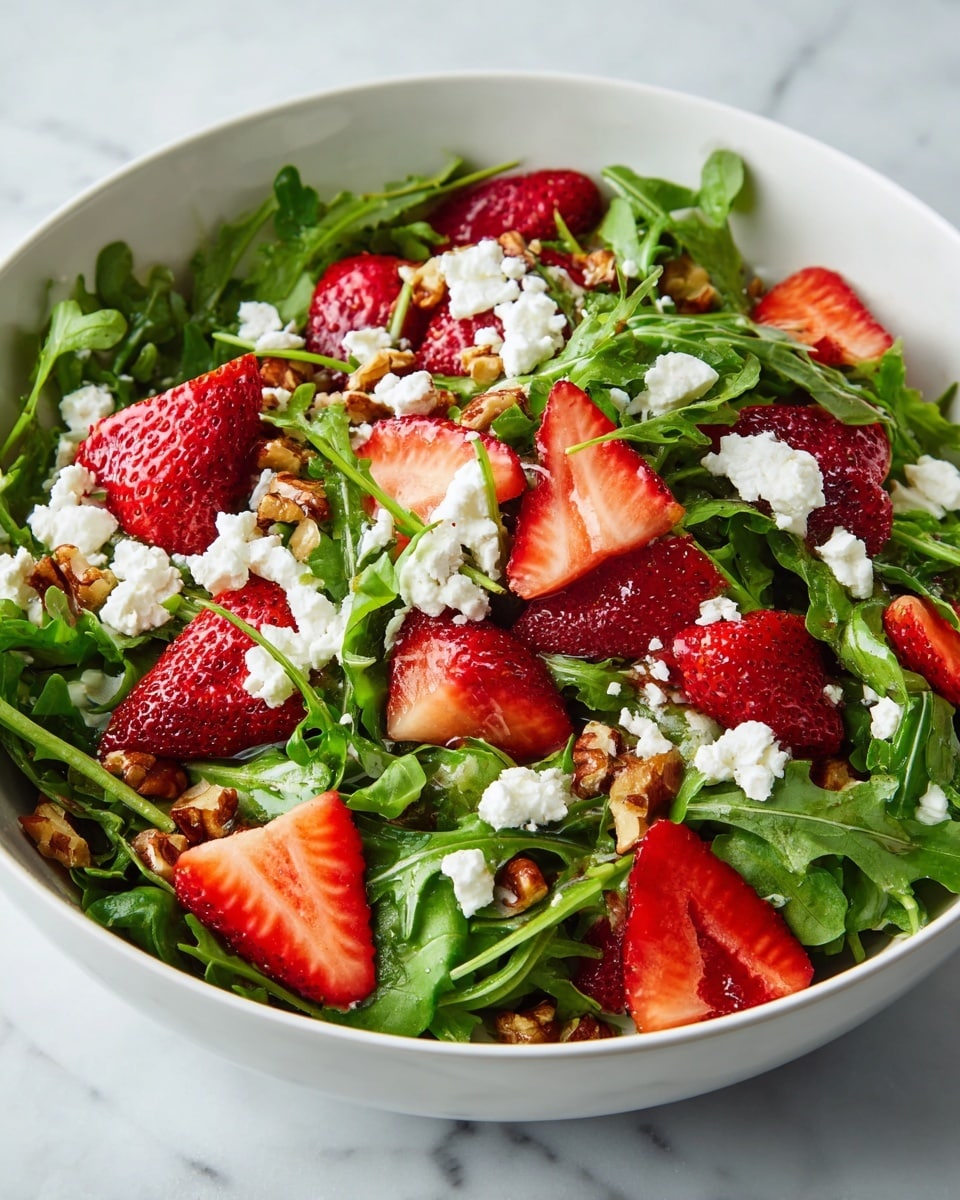 A white bowl filled with a fresh salad, showing vibrant green arugula leaves as the base layer. On top, bright red sliced strawberries are scattered evenly. White crumbled cheese is sprinkled all over, adding texture and contrast against the green and red. Small pieces of brown nuts are mixed in, giving an extra layer of detail. The bowl sits on a white marbled surface, and the scene is bright and clear, capturing the freshness of the salad. photo taken with an iphone --ar 4:5 --v 7
