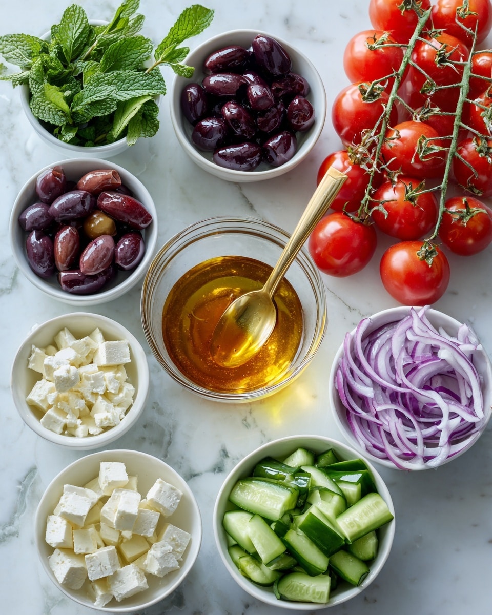The image shows several small white bowls arranged on a white marbled surface. In the center is a clear glass bowl with golden-brown dressing and a small gold spoon resting inside. Surrounding it are bowls filled with bright green mint leaves, dark purple olives, creamy white cheese cubes, sliced green bell peppers, sliced cucumber with dark green skin, and thin slices of red onion with purple edges. To the right, there are two clusters of vibrant red cherry tomatoes on their green vine. The overall scene is clean and fresh with a neat arrangement. Photo taken with an iphone --ar 4:5 --v 7