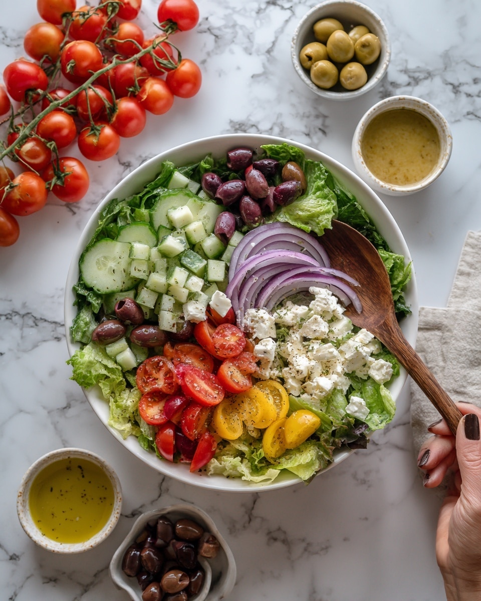 A white bowl filled with a fresh salad showing many layers: the bottom layer is green leafy lettuce with a rough texture, mixed with chopped light green cucumbers scattered around. On top of this are sliced small red cherry tomatoes with smooth shiny skin, dark purple olives, thin round slices of red onion with a translucent look, and small chunks of white feta cheese with a crumbly texture. There are also small pieces of bright yellow bell pepper spread unevenly. The bowl is set on a white marbled surface with clusters of raw cherry tomatoes on the vine, whole olives, and small bowls of dressing around it. A wooden salad spoon and a woman's hand holding it appear on the right side. Photo taken with an iphone --ar 4:5 --v 7