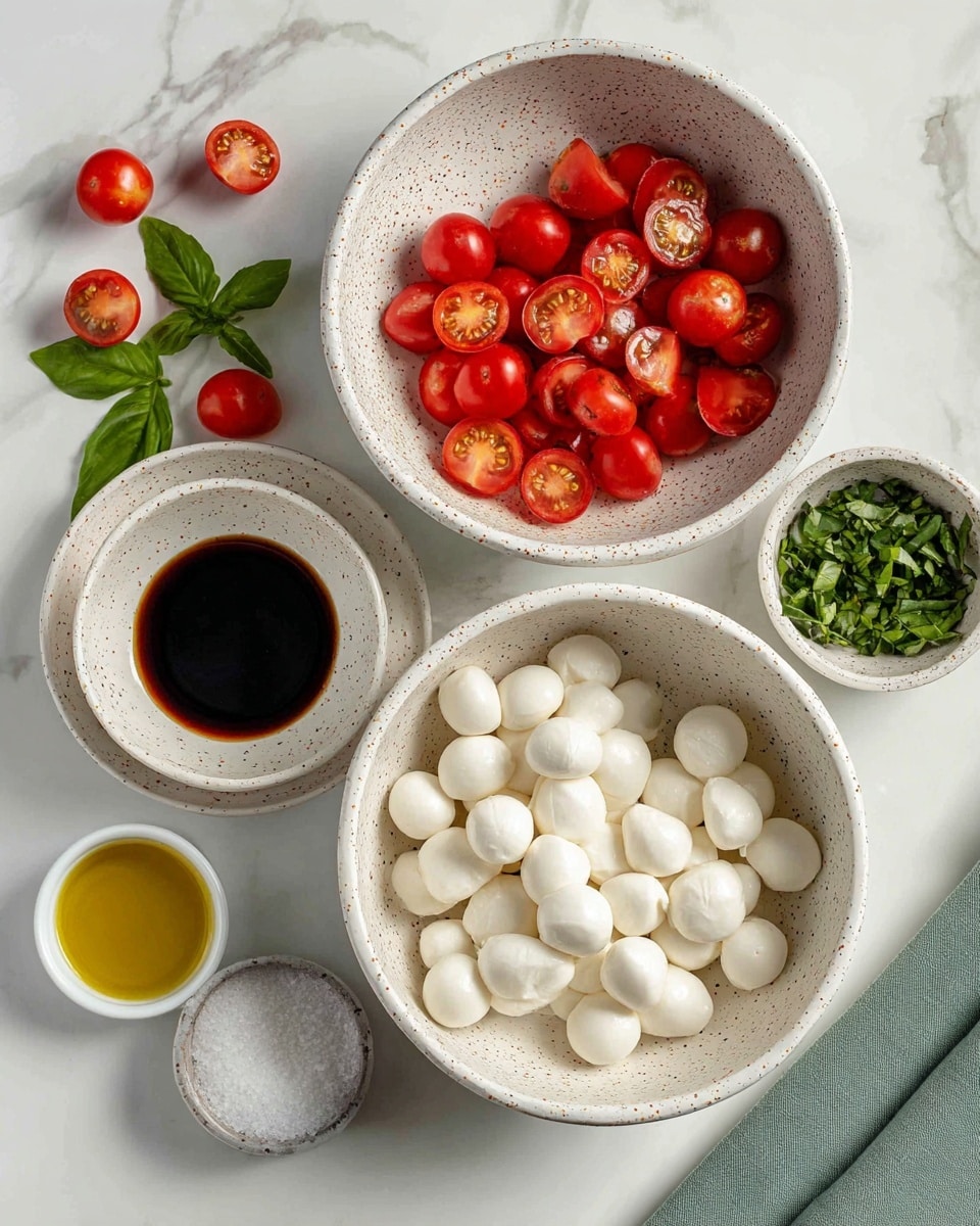 The image shows four white speckled bowls on a white marbled surface. The largest bowl on the left is filled with halved bright red cherry tomatoes, showing their juicy inner texture. To the right and slightly above, a smaller bowl contains chopped fresh green basil leaves. Below and to the right, another large bowl is filled with small smooth white mozzarella balls. Near the bottom center, a small bowl holds light golden olive oil, and beside it is a tiny white bowl filled with coarse sea salt. A small glass container with dark balsamic vinegar is placed above the mozzarella bowl. Scattered fresh whole cherry tomatoes and basil leaves are also visible around the bowls, with a green napkin partially seen at the bottom right. photo taken with an iphone --ar 4:5 --v 7