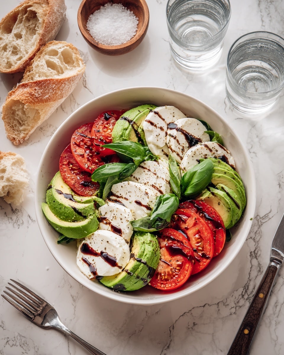 A white bowl holds a colorful salad arranged in layers: the bottom layer has bright red tomato slices, on top are thick white slices of soft mozzarella cheese, and creamy green avocado wedges. Fresh green basil leaves are placed between the tomato, cheese, and avocado pieces. A dark balsamic glaze is drizzled over the salad and black pepper is sprinkled on top. The bowl sits on a white marbled surface with broken pieces of crusty baguette bread nearby, along with a fork and knife, two clear glasses of water, and a small wooden bowl filled with coarse salt. Photo taken with an iphone --ar 4:5 --v 7