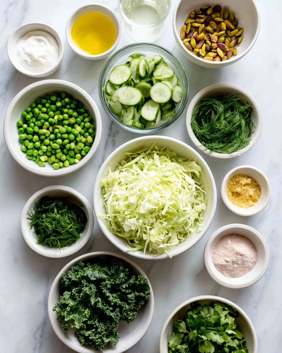 The image shows a collection of ingredients in white bowls arranged on a white marbled surface, perfect for making a fresh salad. In the center, there is one large bowl filled with thinly shredded pale green cabbage, and next to it is a clear bowl with chopped green cucumbers showing light green flesh and dark skin. Surrounding these are smaller white bowls filled with bright green peas, chunky dark green kale leaves, vibrant mixed green herbs including basil, dill, parsley, and chives, and a bowl of golden-brown pistachio nuts. There are also small white and clear bowls containing creamy white yogurt, light yellow oil, pale yellow vinegar, a beige mustard-like paste, and pinkish seasoning powder. The overall look is fresh, colorful, and neatly organized, with a clear focus on green and white tones. photo taken with an iphone --ar 4:5 --v 7