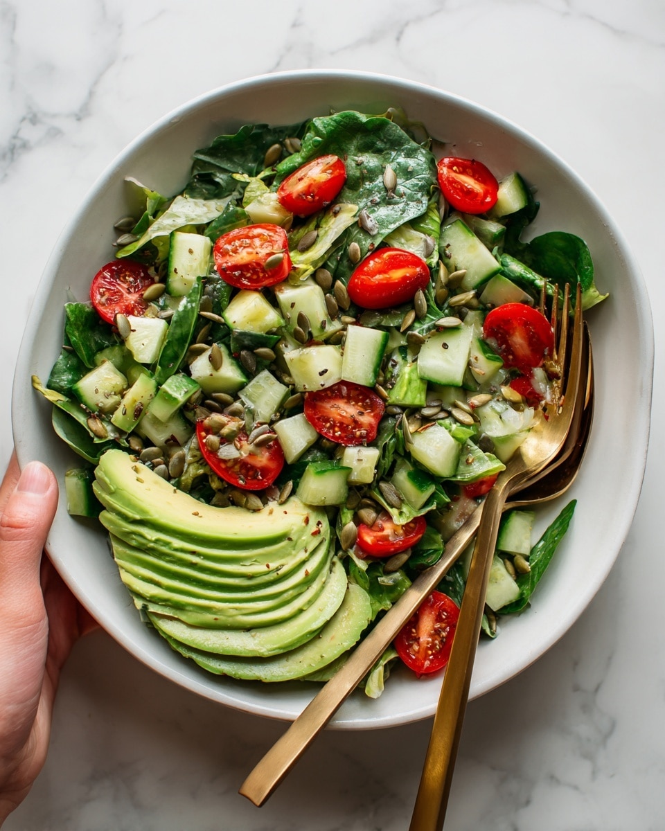 A white bowl filled with a fresh green salad sits on a white marbled surface. The salad has a base of chopped lettuce and spinach leaves mixed with evenly chopped light green cucumber pieces and bright red halved cherry tomatoes scattered throughout. On one side of the bowl, thin slices of avocado are neatly arranged in a layered fan shape, adding a creamy texture and pale green color. Two slim golden metal forks rest inside the bowl on the right side, partially touching the salad. Small sunflower seeds are sprinkled on and around the salad, adding a bit of texture. The overall look is fresh, colorful, and healthy. photo taken with an iphone --ar 4:5 --v 7
