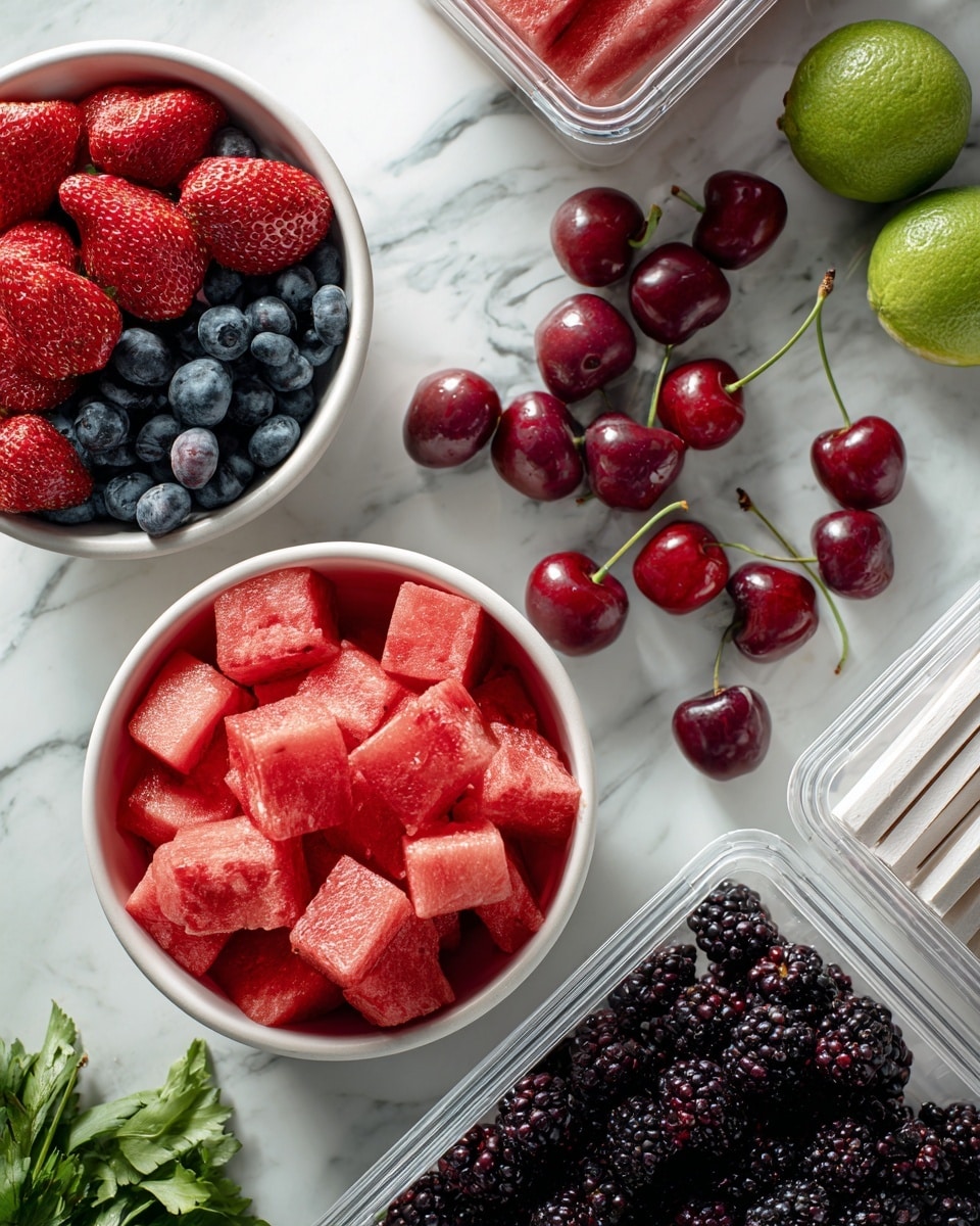 Two white bowls are filled with fresh fruits; the top bowl has bright red strawberries mixed with deep blue blueberries, while the bottom bowl holds large red cubes of watermelon with small white seeds. To the right, a group of shiny red cherries with some green stems is scattered on a white marbled surface, along with two whole green limes and a clear plastic box containing long, white sticks. Below the bowls, another clear box holds dark purple blackberries, and fresh green herb leaves spread out at the bottom left corner. The photo is taken with an iphone --ar 4:5 --v 7