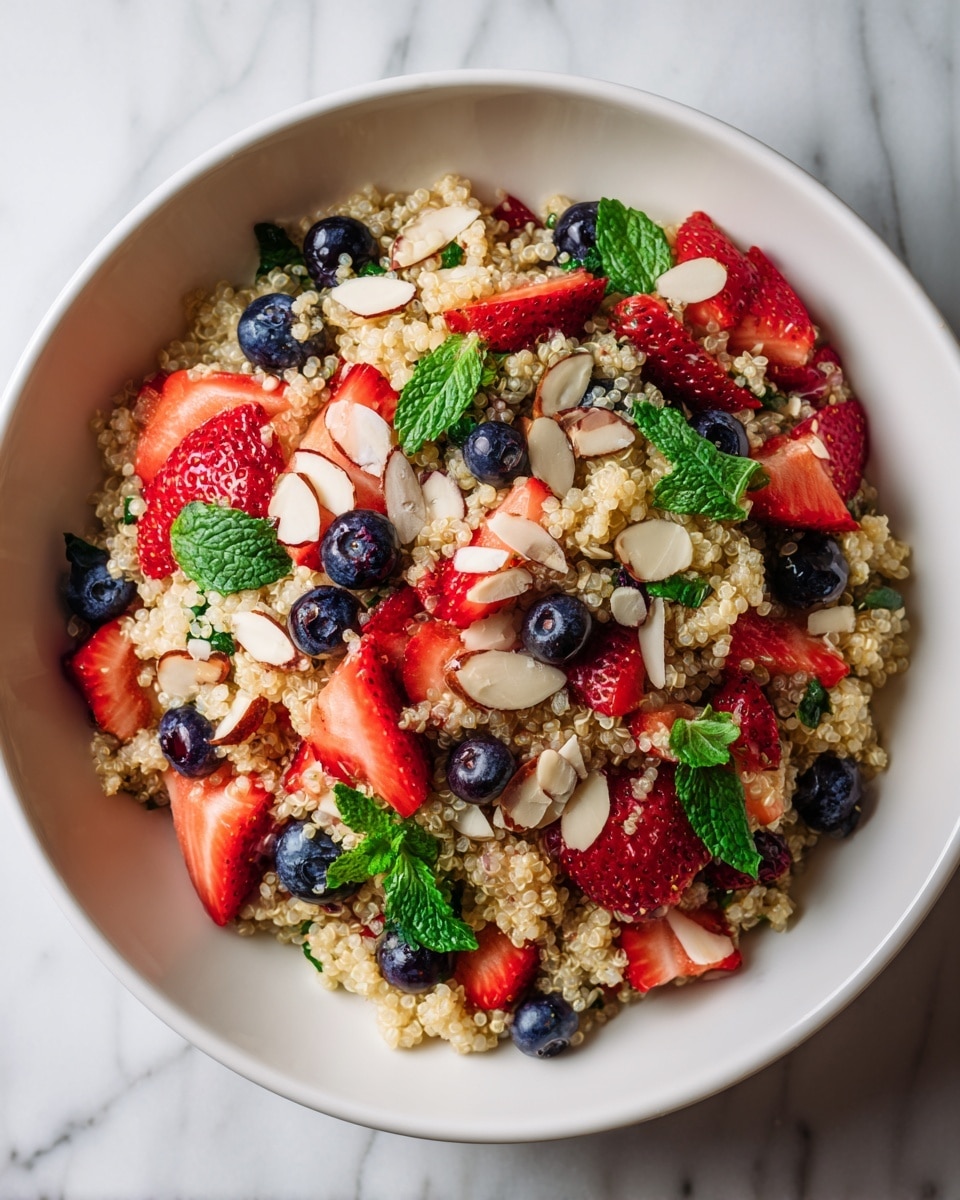 The image shows a white bowl full of a colorful quinoa salad placed on a white marbled surface. There are three main layers visible in the bowl: the base layer is light beige quinoa grains spread evenly; the middle layer consists of bright red strawberry slices and whole dark blue blueberries scattered throughout; on top, thin green mint leaves and pale almond slices are sprinkled for texture. The salad looks fresh and vibrant with contrasting colors and a mix of round and thin shapes. Photo taken with an iphone --ar 4:5 --v 7
