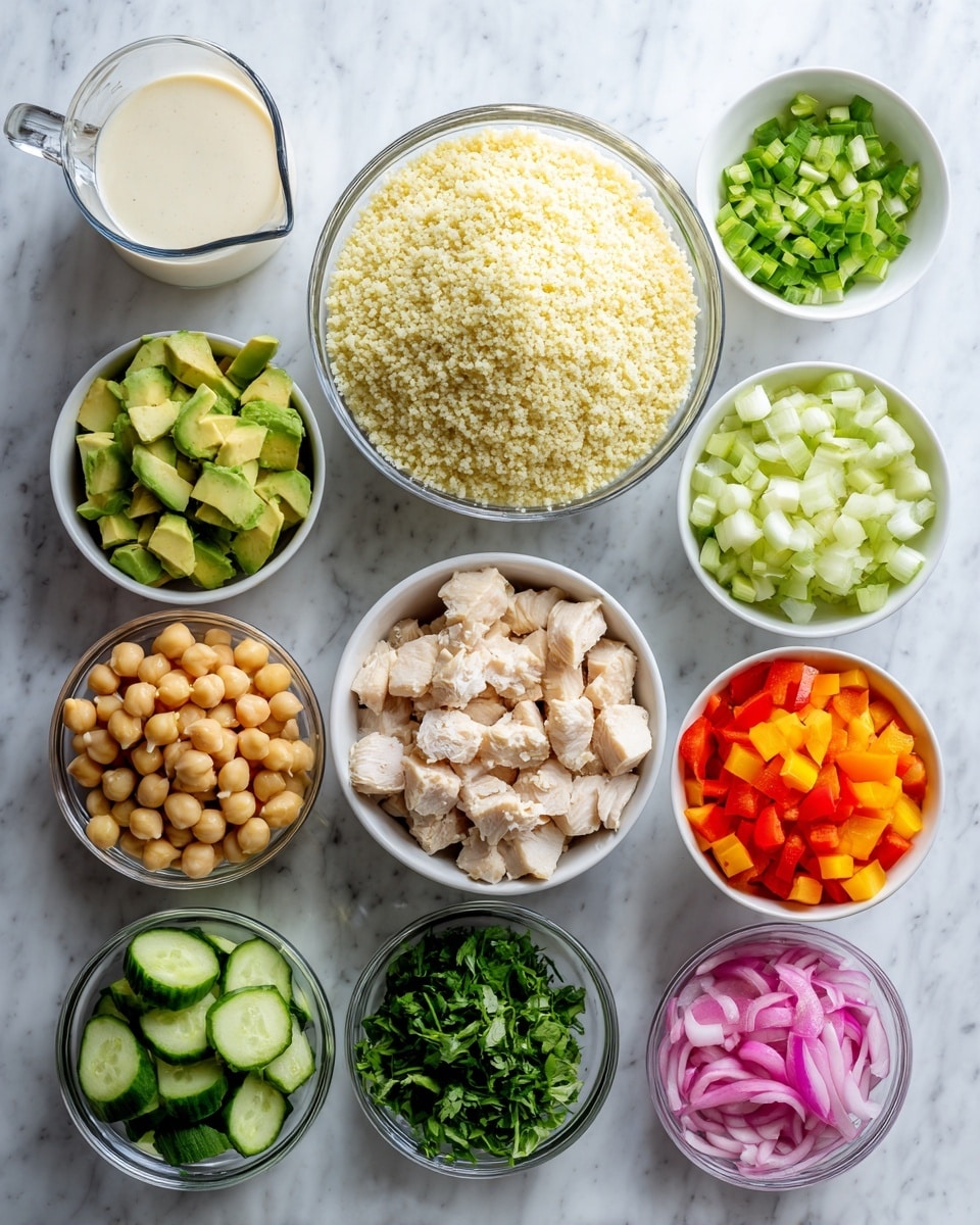 The image shows ten white bowls on a white marbled surface, each holding a different ingredient. At the top center is a large bowl filled with pale yellow cooked couscous, with a clear glass measuring cup of creamy white dressing next to it on the left. In the middle row, from left to right, there is a bowl with chopped avocado, a bowl with light-colored diced chicken pieces, another with chopped green onions, and a bowl with finely chopped orange and red bell peppers. Below this row are four more bowls: one with diced cucumbers, one with chickpeas, one with chopped fresh green herbs, and a very small bowl with pickled red onions. The colors range from pale yellows and creamy whites to bright green, orange, and pink. The arrangement is neat and evenly spaced, with no other objects visible. photo taken with an iphone --ar 4:5 --v 7