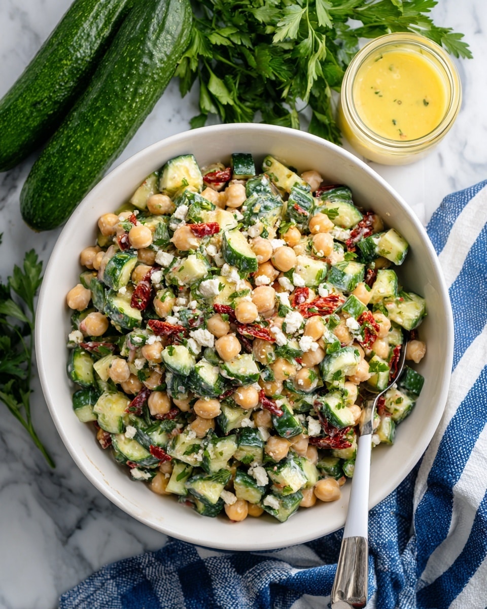 A wide white bowl filled with a chickpea salad that has three main layers. The bottom layer is small round chickpeas, light beige in color, evenly spread out. Mixed throughout is a layer of chopped green cucumbers with tiny dark green skin pieces and pale green inside, adding a fresh texture. Scattered on top are white crumbles of cheese, some small pieces of red sun-dried tomatoes, and flecks of green herbs all mixed well. A silver spoon with a white handle rests on the right side inside the bowl. In the background, there is a bunch of fresh green parsley and two cucumbers on a white marbled surface, along with a small clear glass container filled with yellow dressing placed near the top right corner. A blue cloth with white stripes peeks from the bottom left. Photo taken with an iphone --ar 4:5 --v 7