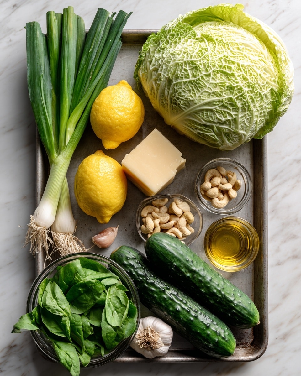 The image shows a metal tray on a white marbled surface holding fresh ingredients. At the top left are green onions with long slender green stalks and white bulbs. Next to them are two bright yellow lemons. On the right side is a large pale green cabbage with visible leaf texture. Below the cabbage are four dark green cucumbers placed close together. There is a light tan block of cheese near the cucumbers. Around the tray, there are small glass bowls filled with fresh basil leaves, spinach leaves, cashew nuts, clear liquid, and golden olive oil. A single shallot and a garlic clove are also placed near the bowls. The colors focus on green, yellow, white, and natural earth tones. photo taken with an iphone --ar 4:5 --v 7