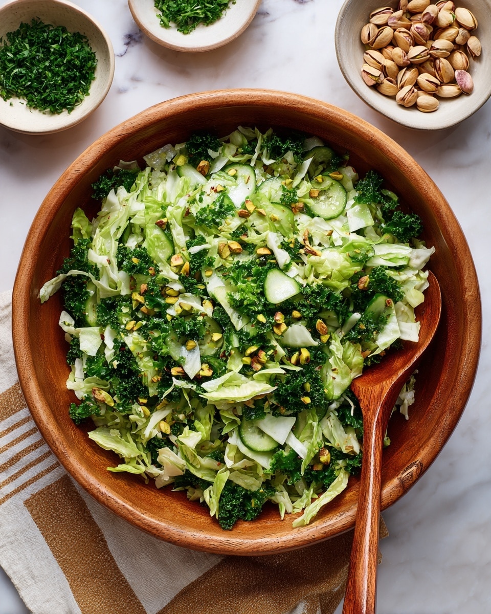 A large wooden bowl filled with a fresh green salad consisting of thinly sliced light green cabbage, darker green kale leaves, small green herbs, and chunks of pale green cucumber, all mixed together with some toasted pistachio nuts scattered on top. A wooden spoon is partially inserted into the salad on the right side of the bowl. Around the bowl, there is a small white bowl with whole pistachio nuts and another white bowl with finely chopped green herbs. The entire scene is set on a white marbled surface with a beige and white striped cloth partially visible under the wooden bowl. photo taken with an iphone --ar 4:5 --v 7