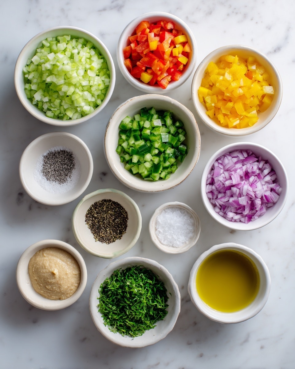 Nine small white bowls are arranged on a white marbled surface. The largest bowls at the top contain finely chopped cucumbers in pale green hues and a mixture of red, yellow, and green diced bell peppers. Surrounding these are smaller bowls with various ingredients: white salt crystals, coarse black pepper, small chopped red onions in light purple, bright green chopped parsley, light golden olive oil, beige tahini paste, and finely minced garlic. The bowls are evenly spaced and the colors of the ingredients stand out brightly against the clean white bowls and background. photo taken with an iphone --ar 4:5 --v 7