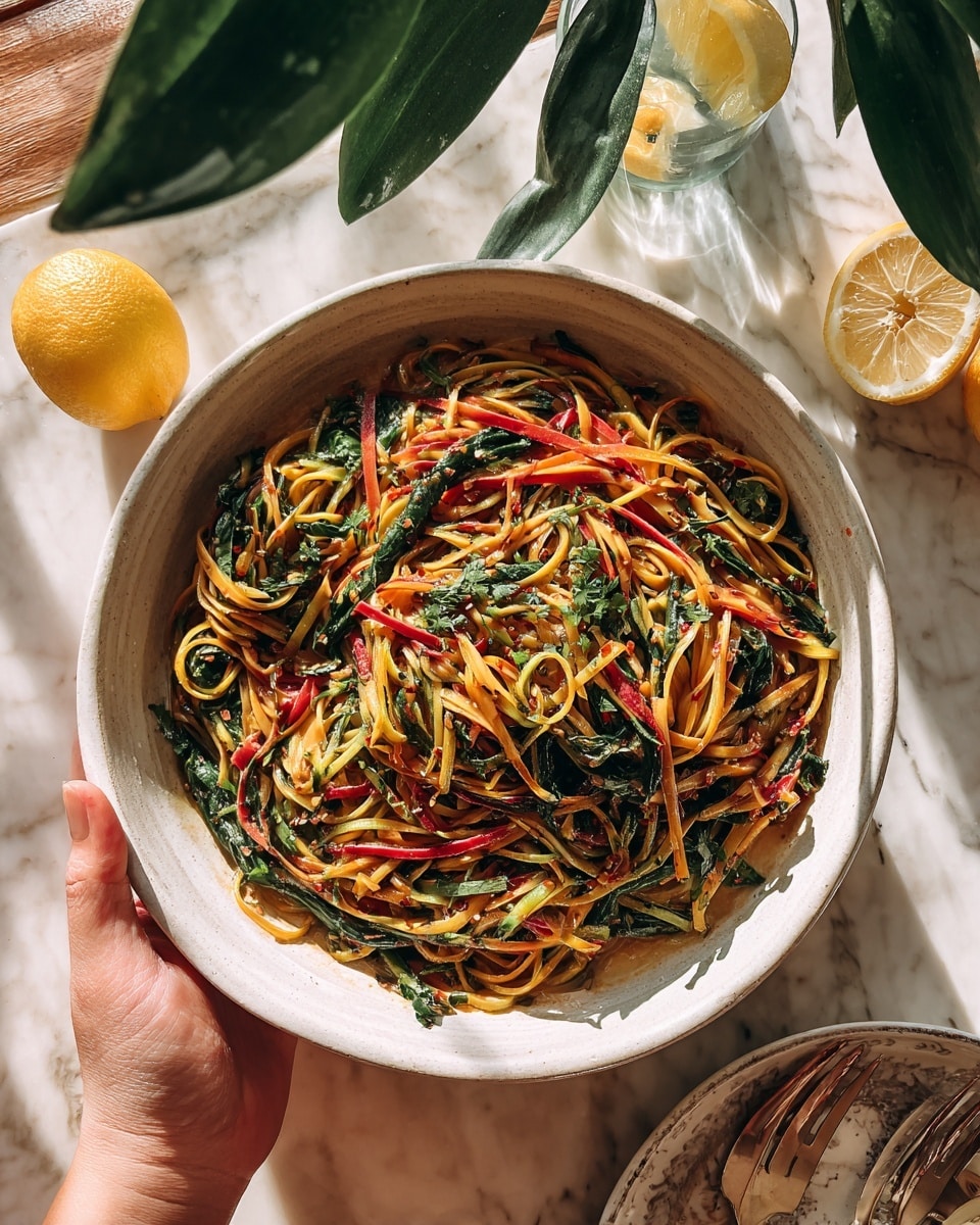 A white bowl filled with thin strips of green and yellow noodles mixed evenly with bright red thin strips, all coated lightly in a light brown sauce. Green leafy herbs are scattered on top and throughout the dish, adding fresh touches. The bowl sits on a white marbled surface with a fork, a lemon half, and a cup with a lemon slice in the background. A woman’s hand reaches in from the left side, holding a green leafy plant above the bowl. The scene has a warm, natural light that highlights the colors and textures of the food photo taken with an iphone --ar 4:5 --v 7