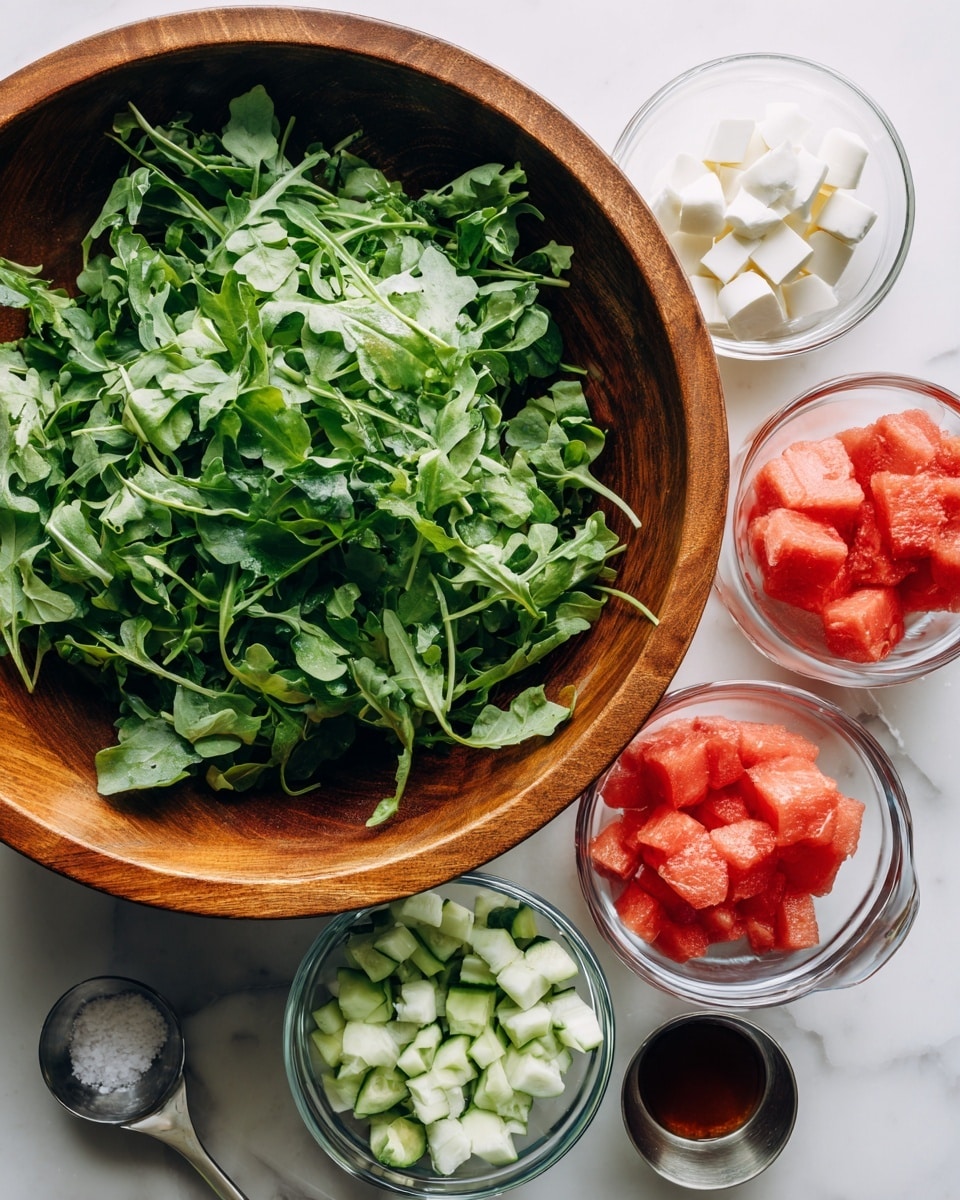 A large round wooden bowl filled with fresh bright green arugula leaves takes the left side of the frame, while on the right side, there are four small clear glass bowls on a white marbled surface. Each bowl contains a different ingredient: one has white cubed cheese pieces, another holds small pieces of chopped cucumber with light green skin and pale flesh, a third bowl is filled with bright red watermelon chunks, and the last one contains a dark brown liquid sauce next to a small silver measuring spoon with coarse salt. The image is well lit and clean. photo taken with an iphone --ar 4:5 --v 7
