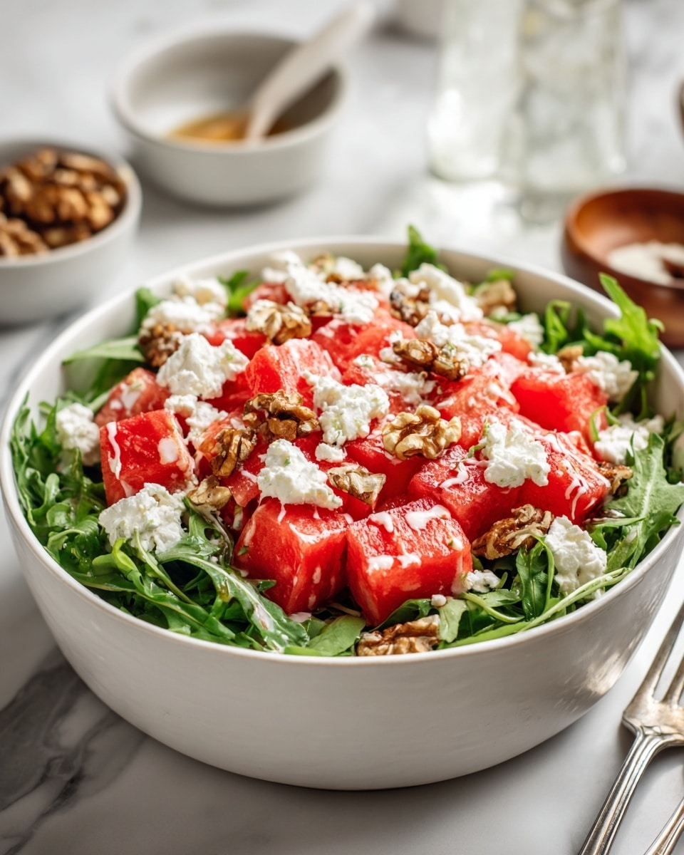 A white bowl filled with a fresh salad on a white marbled surface, containing three main layers: the base layer is bright green arugula leaves spread evenly, the middle layer has large red watermelon cubes carefully placed on top, and the top layer features scattered pieces of white cottage cheese mixed with brown walnut halves. On top, there are some light red drizzles of dressing over the salad. The background shows some blurred small bowls and a glass, along with a silver fork at the right side of the bowl. photo taken with an iphone --ar 4:5 --v 7