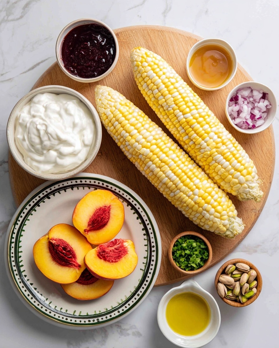 A round wooden board on a white marbled surface holds two yellow and white corn cobs placed side by side in the center-left. Above the corn, a white bowl containing a large white dollop of cream is visible. To the right of the corn, small white bowls contain dark red sauce, light brown sauce, and golden yellow liquid, arranged in a row from top to bottom. Below these bowls, a white plate with a green and black rim holds three large peach halves with bright orange flesh and red centers. In the lower-left corner, a small white bowl filled with green leafy herbs and another small white bowl containing chopped purple onions are visible. A small wooden bowl of pistachios sits near the top right. The overall setup is neat and bright. Photo taken with an iphone --ar 4:5 --v 7