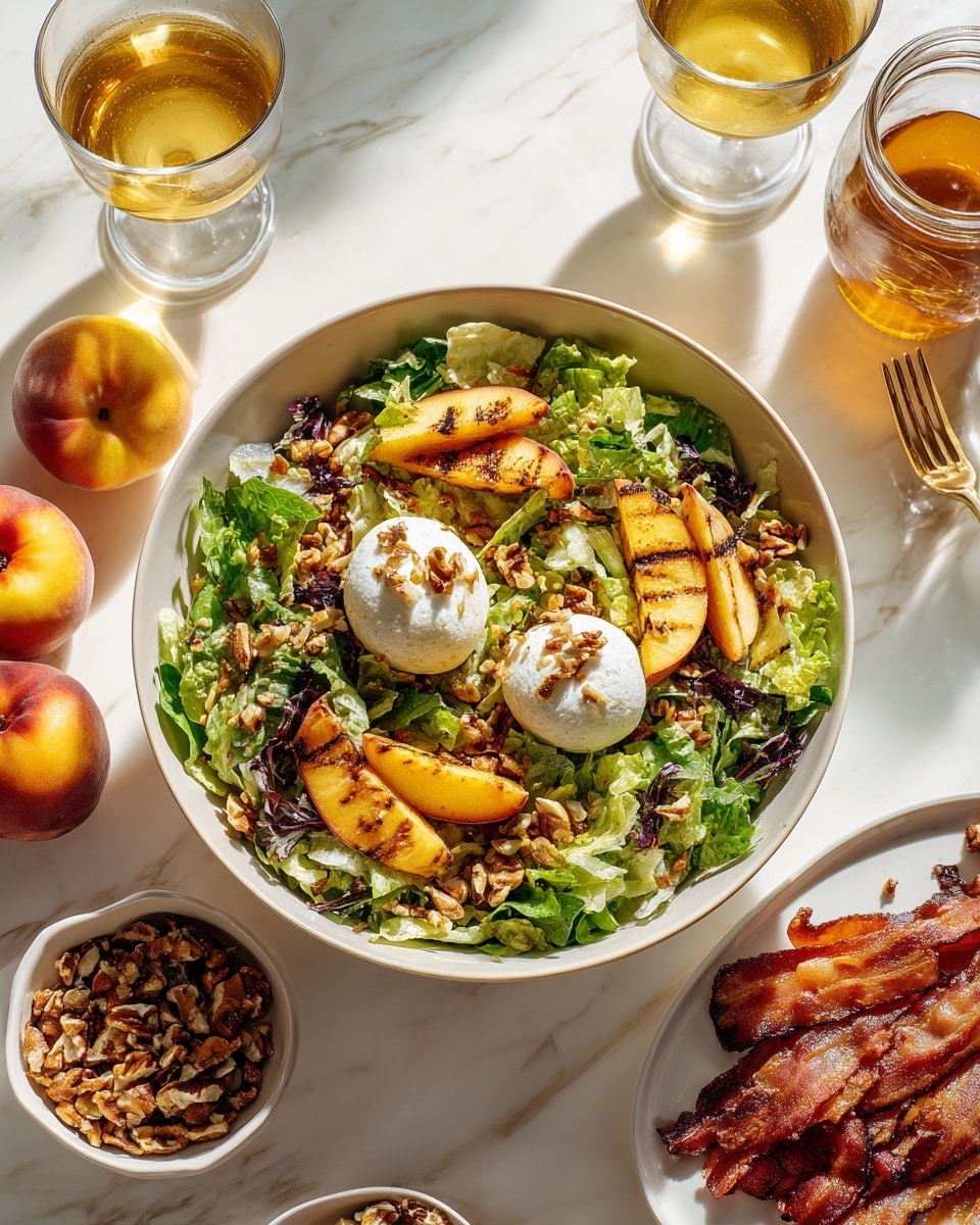 A bowl of fresh salad sits in the center on a white marbled surface, filled with a base layer of light green shredded lettuce mixed with some darker green and purple leafy vegetables, topped with several golden-brown grilled peach slices arranged around the bowl’s edge. In the middle, two round white balls of soft cheese, sprinkled with small bits of crunchy nuts, add a creamy texture. Around the bowl, there are two whole peaches, a folded pile of crispy golden-brown bacon strips on a white plate, two small white bowls holding extra crunchy nut bits, two glasses filled with a light amber liquid, and a small glass jar with a darker syrup. The scene is brightly lit, highlighting the fresh, colorful elements. Photo taken with an iphone --ar 4:5 --v 7