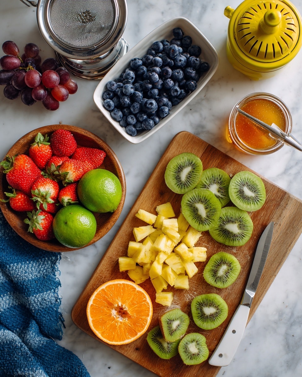 The image shows a top view of a wooden cutting board on a white marbled surface, layered with sliced yellow pineapple cubes in the bottom right corner, green kiwi halves and quarters arranged near the center and right side, and two halved oranges on the left side next to a yellow citrus juicer. Above the cutting board, there is a rectangular white bowl filled with dark blue blueberries sitting on a blue cloth, while a silver colander to its left contains red grapes. To the left of the cutting board, there is a round wooden plate holding whole green limes, peeled orange segments, bright red strawberries, and a brown kiwi fruit. A knife with a white handle lies on the cutting board near the kiwis. A small glass jar filled with honey is near the blueberries. The photo was taken with an iphone --ar 4:5 --v 7