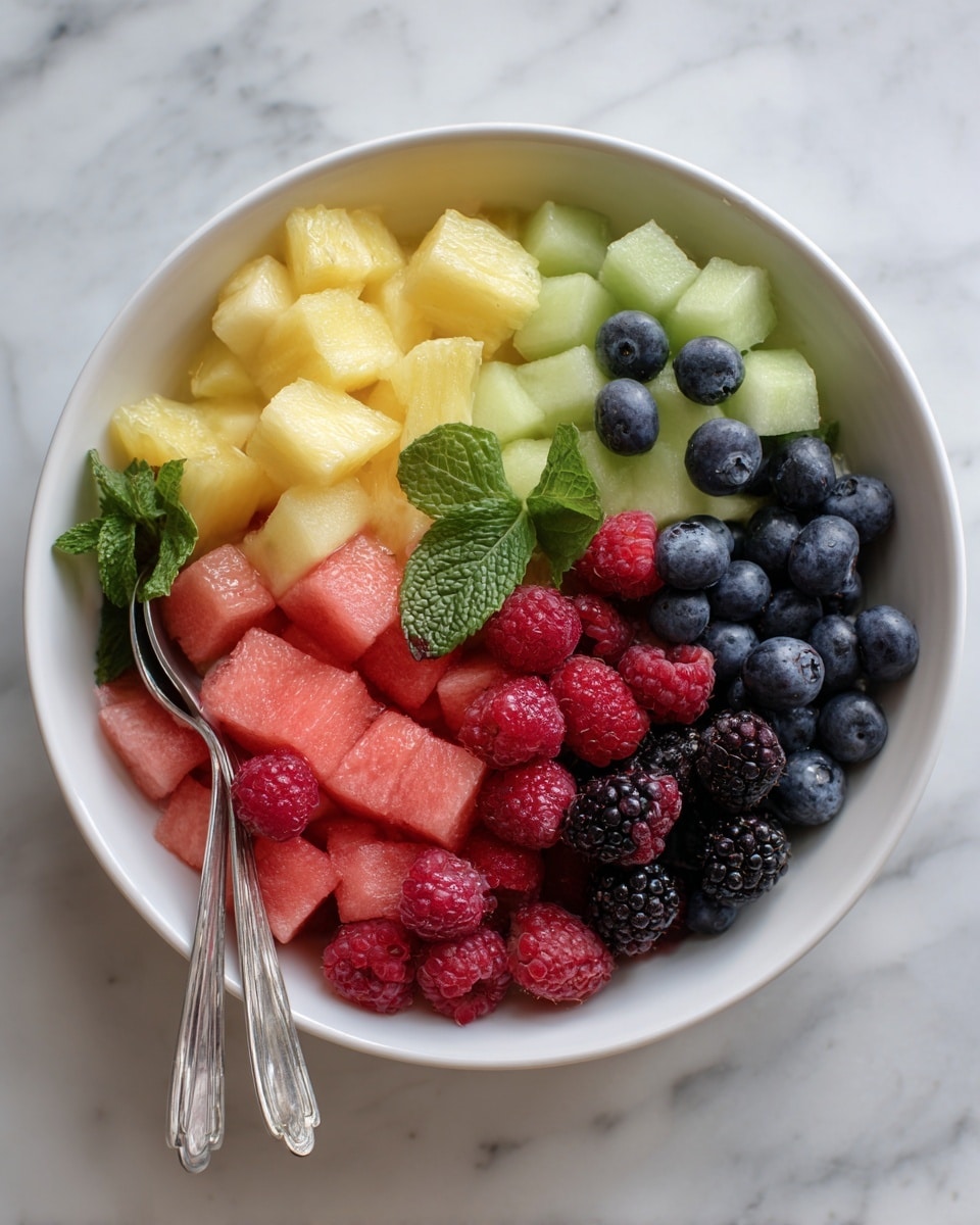 A white bowl filled with a colorful mix of fruit pieces sits on a white marbled surface. The bowl contains three layers of fruit: bright yellow pineapple chunks with a slightly rough texture, soft pink watermelon pieces with a smooth look, and light green honeydew melon pieces. Scattered on top are small, round blueberries, bright red raspberries, and dark purple blackberries, adding texture and color contrast. A few fresh green mint leaves lay on the fruit, adding a pop of green. Two silver spoons rest inside the bowl on the left side. Photo taken with an iphone --ar 4:5 --v 7