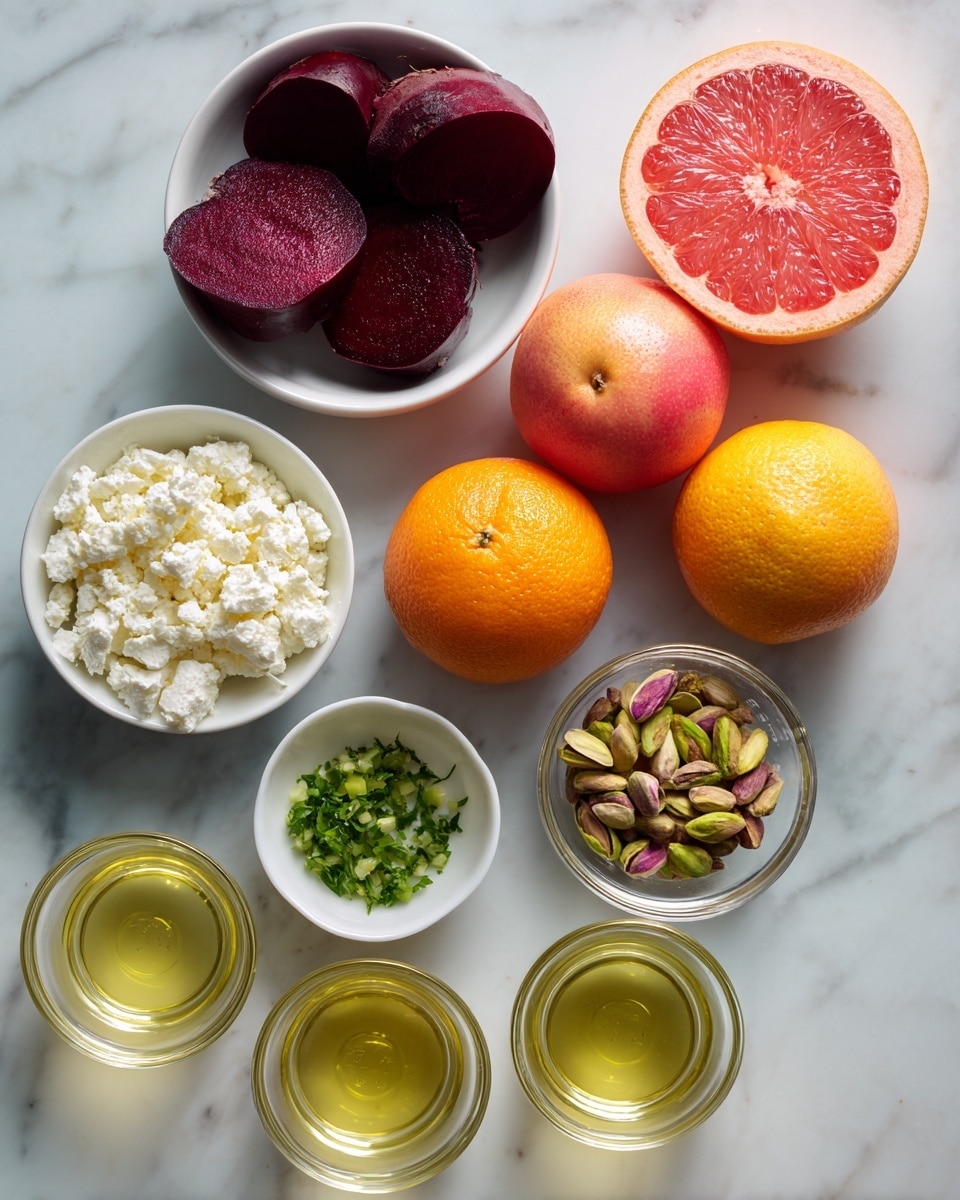 The image shows several small white bowls and clear glass measuring cups arranged on a white marbled surface. There are four dark red beets in a white bowl at top left, and three whole round fruits - an orange, a blood orange, and a grapefruit - in a white bowl at top right. Below them is a small white bowl with white crumbled cheese, a small bowl with light green chopped herbs, and a small white bowl with a few green sliced jalapeños. To the right, a small bowl contains green pistachio nuts. At the bottom are four glass measuring cups and bowls filled with light yellow to golden liquids placed in a loose semicircle. The colors are soft with natural light. photo taken with an iphone --ar 4:5 --v 7