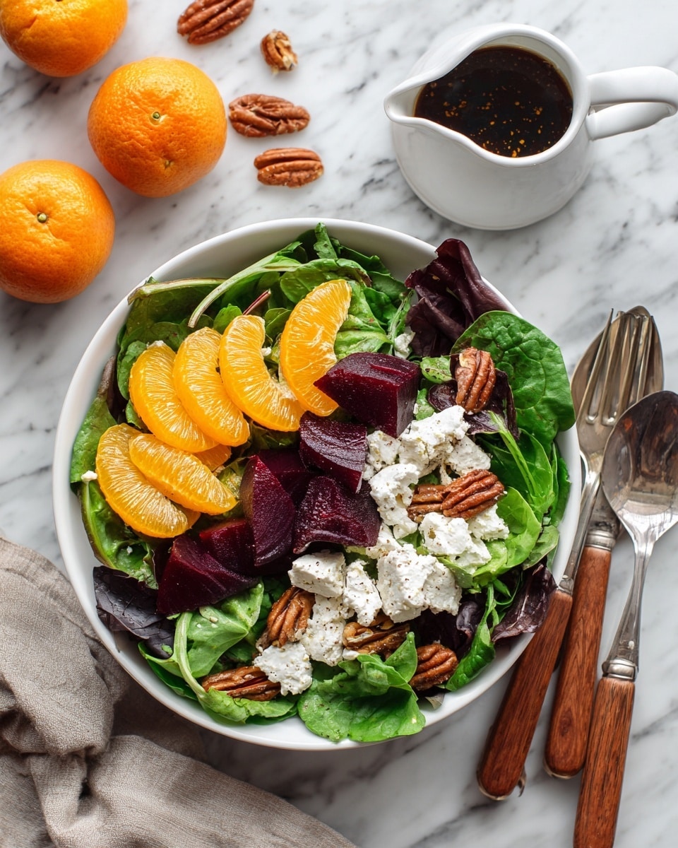 A white bowl filled with a fresh salad sits on a white marbled surface. The salad has several layers: the bottom layer is a mix of bright green spinach and frilly light green lettuce leaves, with some dark purple leaves scattered around. On top of this, there are bright orange mandarin slices and dark red-purple beet cubes spread evenly. Small dollops of soft white cheese are placed carefully over the salad, and crunchy brown pecans are scattered on top. Next to the bowl is a silver fork and spoon with wooden handles. A small white jug with dark dressing sits nearby, along with whole and peeled mandarins on the marbled surface. Photo taken with an iphone --ar 4:5 --v 7