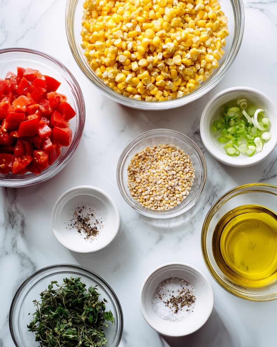 Several small white bowls and clear glass bowls with ingredients are placed on a white marbled surface. There is one large clear glass bowl filled with yellow corn kernels at the top center. Below this, a medium clear glass bowl holds small grains with a light beige color. On the left side, a white bowl contains red diced tomatoes. A small clear glass bowl filled with green sliced scallions is near the center. Another small clear glass bowl to the right has golden yellow olive oil. At the bottom, a white bowl holds a mix of black pepper and white salt, and next to it, a white bowl contains fresh green herbs. Photo taken with an iphone --ar 4:5 --v 7
