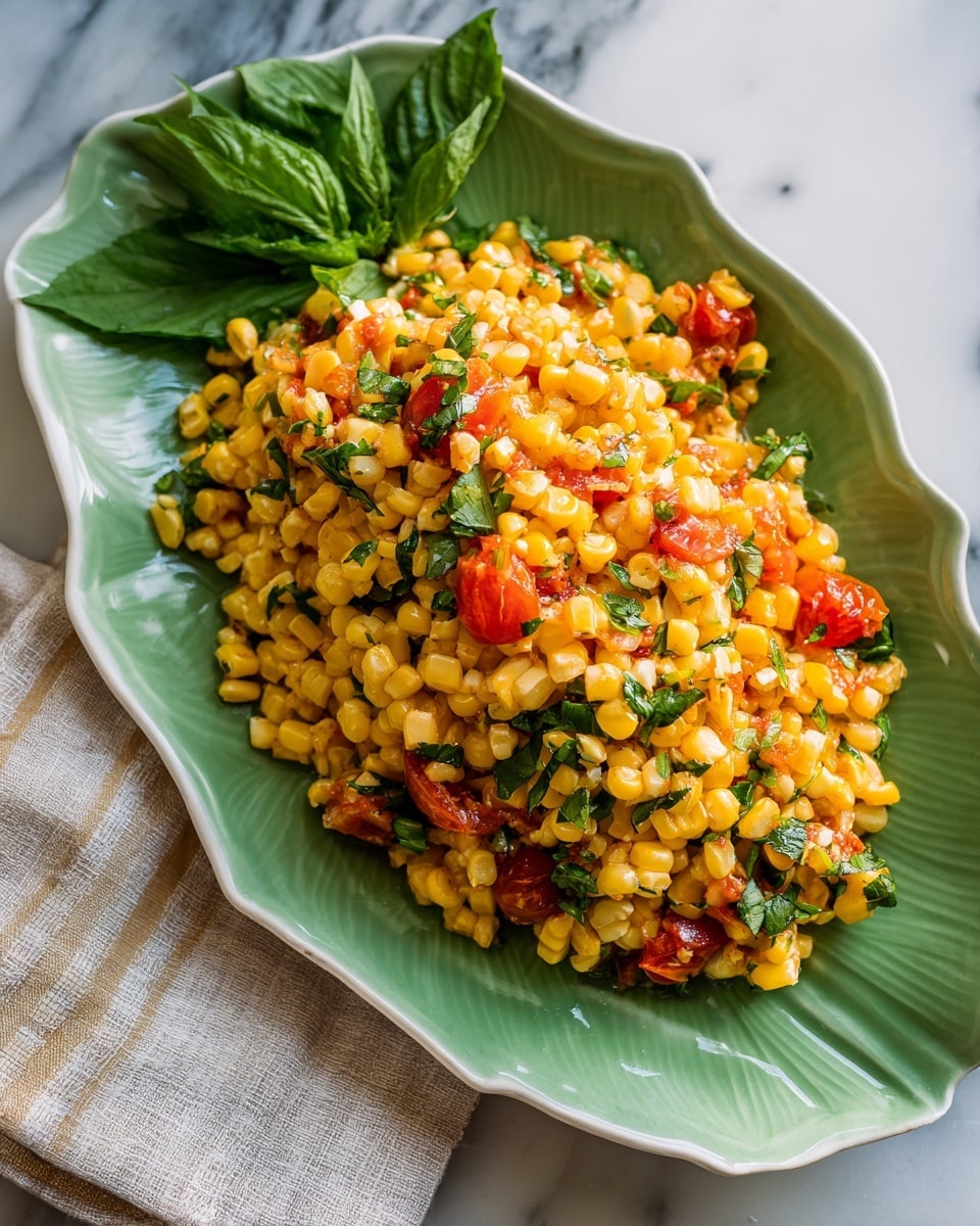 The dish is a large mound of yellow corn kernels mixed with small pieces of red tomatoes and green herbs, all spread evenly on a green leaf-shaped white plate. The corn kernels look roasted and slightly shiny, with the chopped tomatoes adding bright red color throughout, and the green herbs finely chopped, sprinkled all over the top. The plate is set on a white marbled surface with a fabric napkin partially visible nearby. The whole image has a warm, fresh, and colorful feel, capturing a simple and healthy vegetable salad. photo taken with an iphone --ar 4:5 --v 7