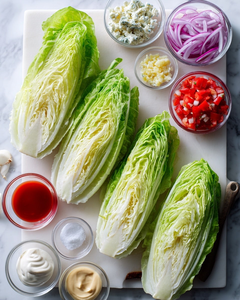 The image shows a white cutting board with four large light green lettuce wedge pieces that have crisp, layered leaves with visible veins, placed on a white marbled surface. Surrounding the cutting board are small clear glass bowls filled with different ingredients: crumbled pale yellow and blue speckled cheese in the top middle, thin light purple onion slices in the top right, bright red diced tomatoes below the onions, minced light yellow garlic in a tiny bowl to the right of the tomatoes, and fine white salt below the garlic. In the middle bottom, there are four small clear measuring cups and bowls holding creamy pale yellow mayonnaise, a shiny deep red liquid, a shiny light yellow liquid, and soft fluffy white sour cream, all arranged neatly. The scene is brightly lit, clean, and fresh. Photo taken with an iphone --ar 4:5 --v 7