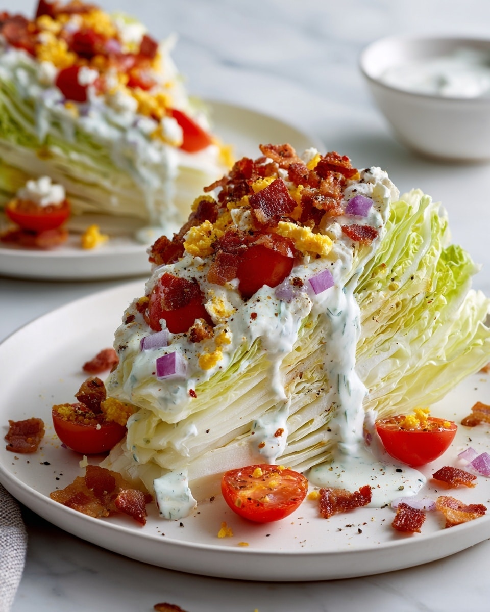 A wedge salad is shown with three main layers of crisp, pale green iceberg lettuce arranged in a triangular shape on a white plate placed on a white marbled surface. The top layer is covered in a thick, creamy white dressing that drips down the sides. On top of the dressing are scattered pieces of bright red chopped tomatoes, small bits of crispy brown bacon, and crumbled yellow egg yolk. There are also tiny pieces of pale purple onion mixed in. The salad is sprinkled with black pepper. In the background, part of another wedge salad and a small white bowl can be seen out of focus. Photo taken with an iphone --ar 4:5 --v 7